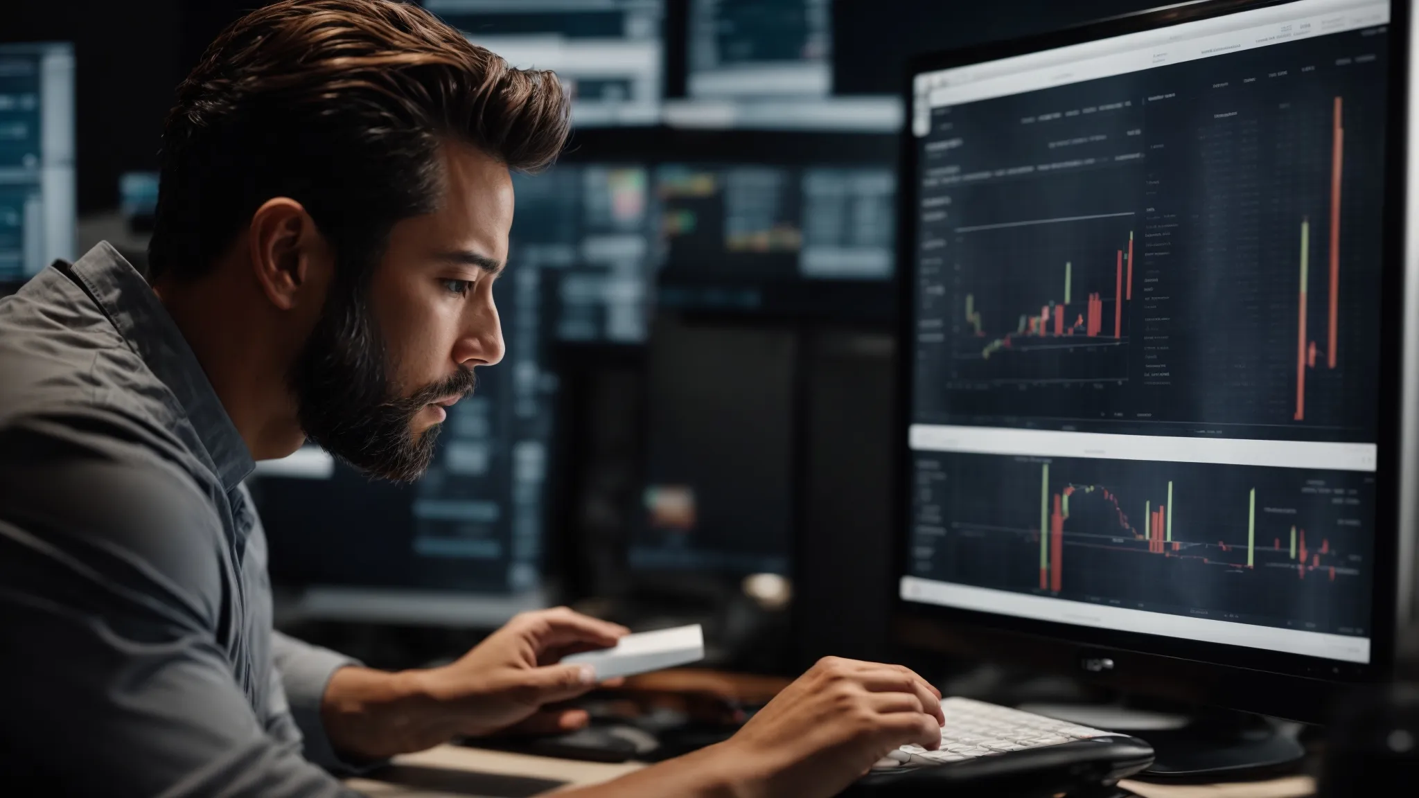 a small business owner examines comprehensive charts and graphs on a computer screen, strategizing their digital marketing plan.