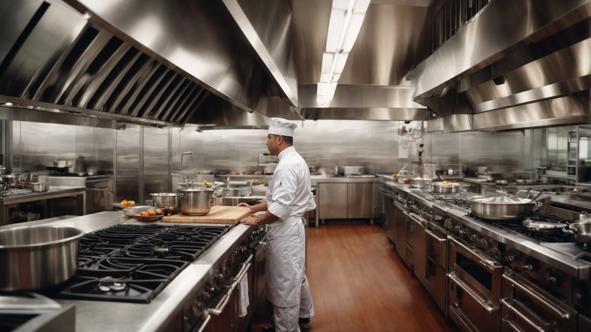 a chef oversees a bustling professional kitchen, where shiny, clean hoods gleam above stainless steel stovetops.