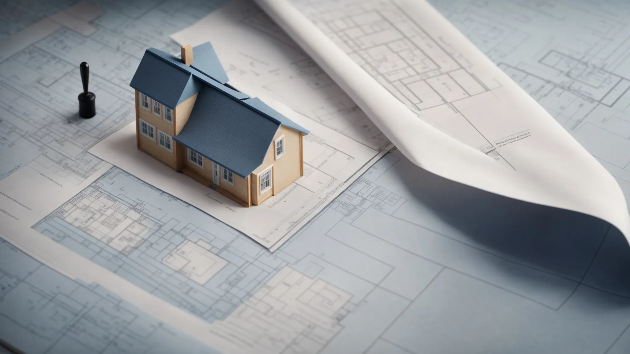 a blueprint laid neatly on a table with a model house and a compass, symbolizing the planning phase of a home renovation in barrie.