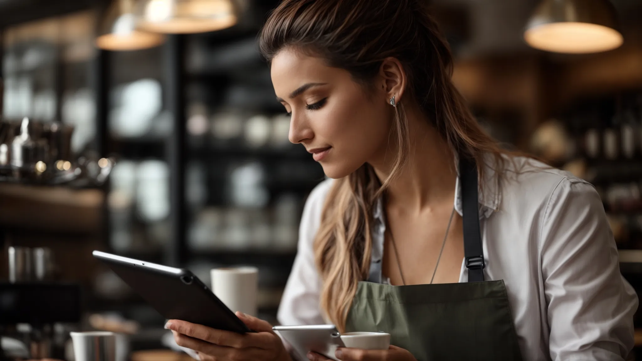 a business owner showcases a tablet screen with a five-star review in a bustling, modern café.