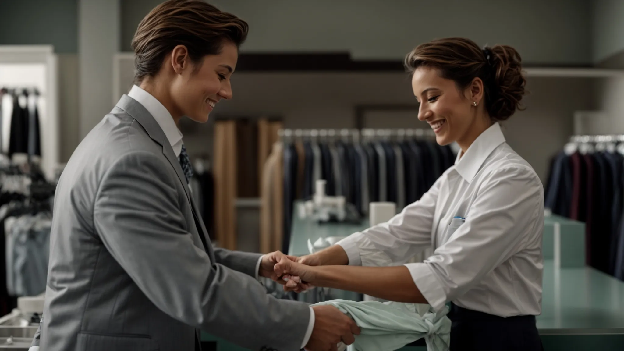 a smiling employee handing a freshly pressed suit to a satisfied customer at the counter of a clean, bright dry cleaning shop.