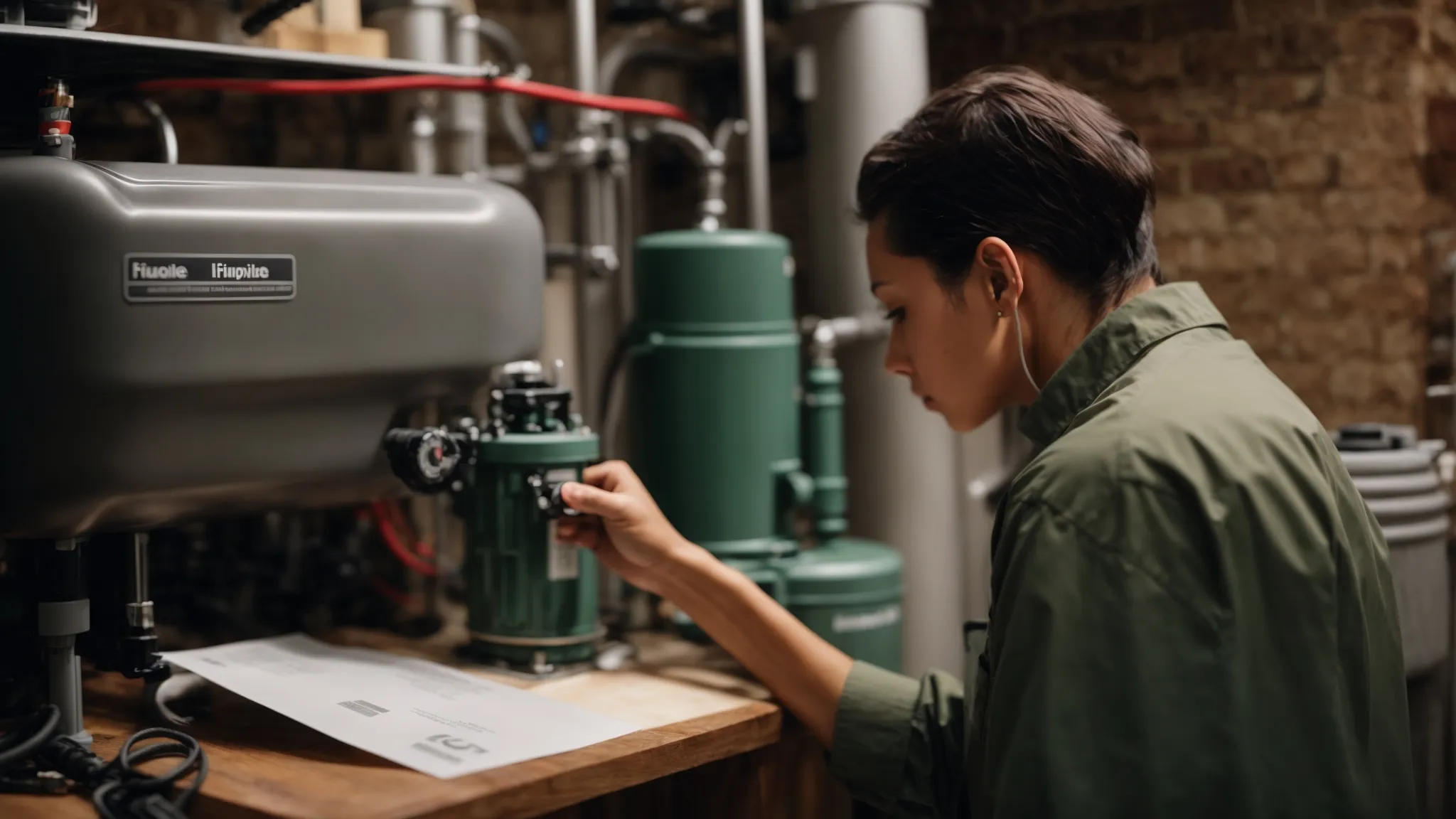 a homeowner intently examines the seamless connection between their new sump pump and the existing system in a cleanly organized basement.