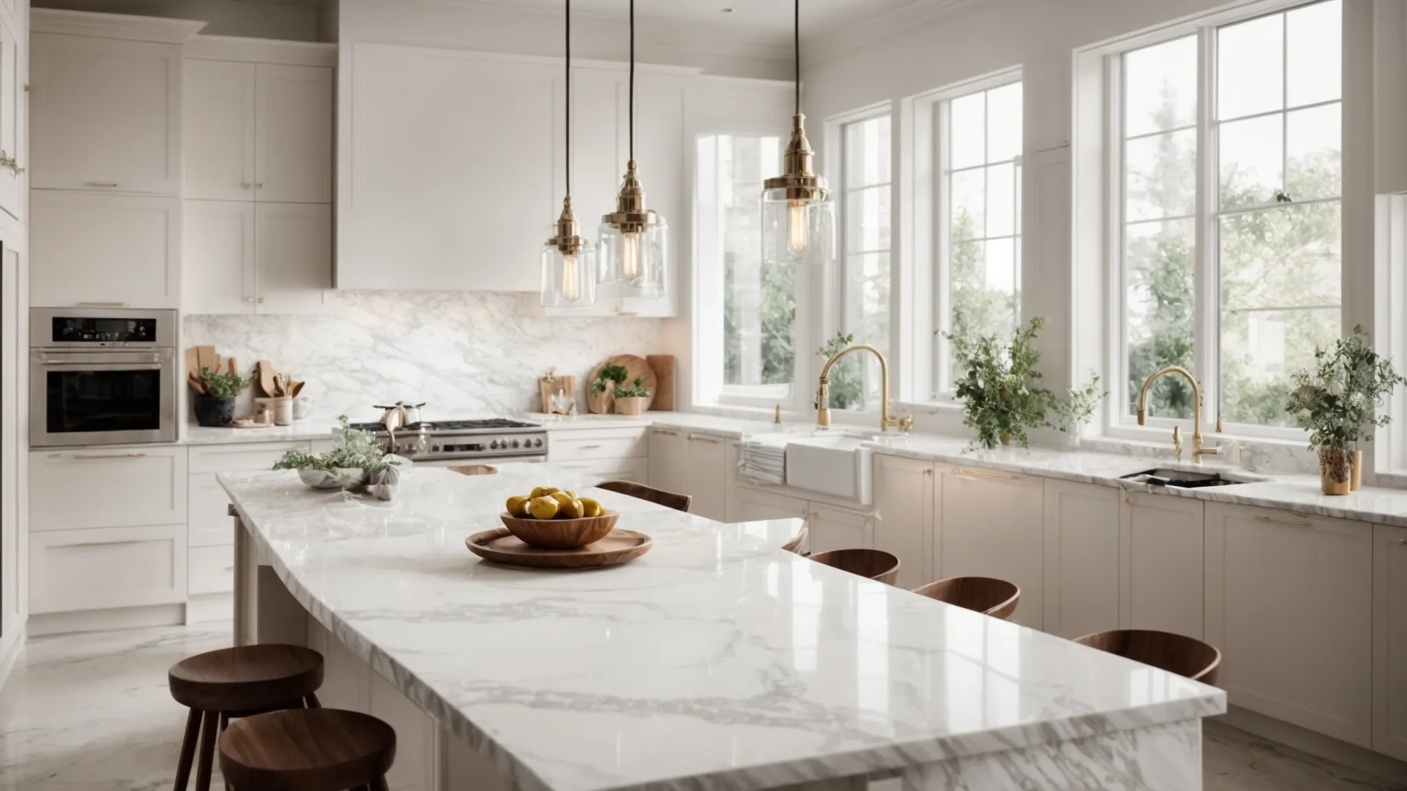 a sleek marble countertop gleams under elegant pendant lights in a spacious kitchen setting.