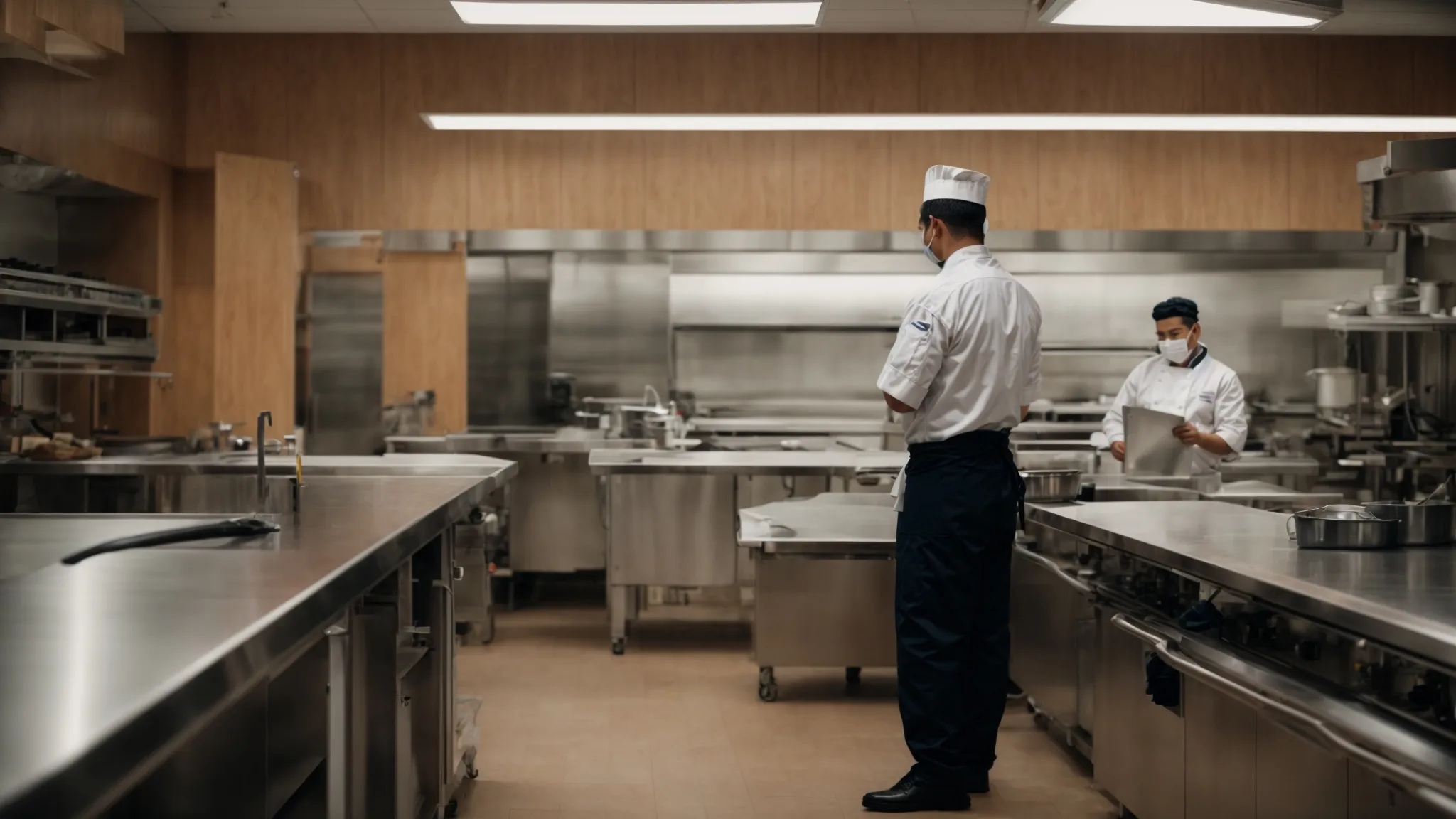 a chef and a cleaning crew supervisor discuss a schedule by an empty commercial kitchen with covered appliances and a closed sign on the front door.