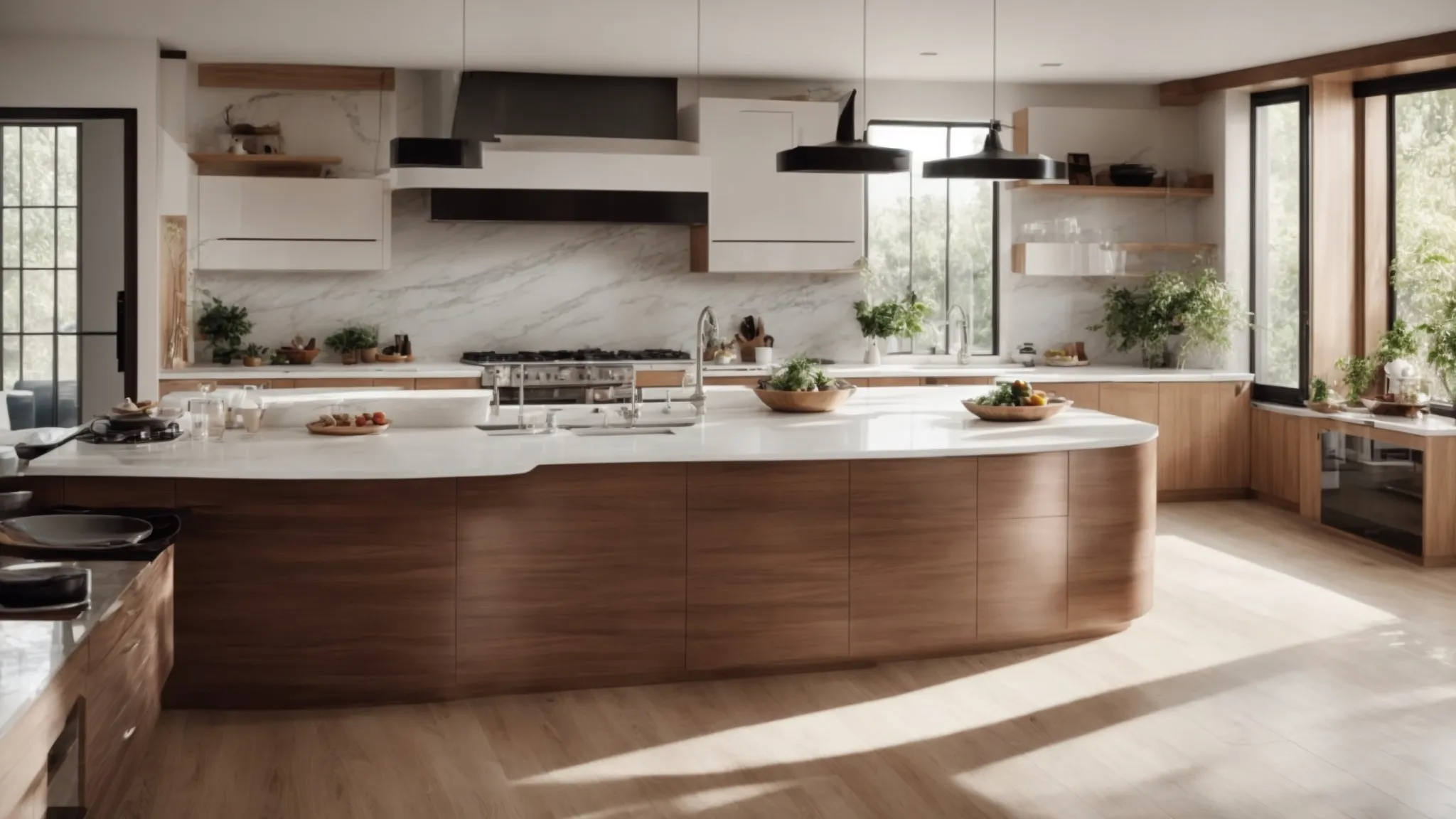 a freshly renovated kitchen with modern appliances and shining countertops, illuminated by natural light in Barrie Ontario.