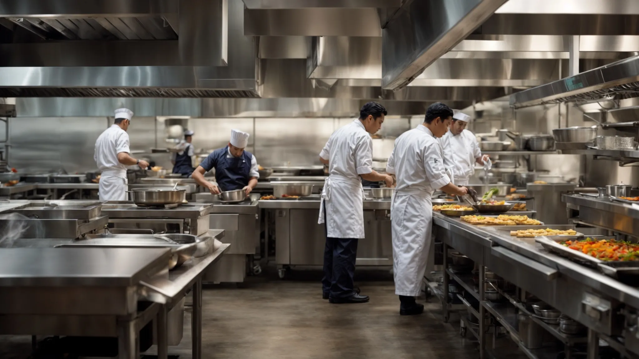 a bustling commercial kitchen with clear air and vibrant energy, where chefs prepare dishes with ease and comfort.