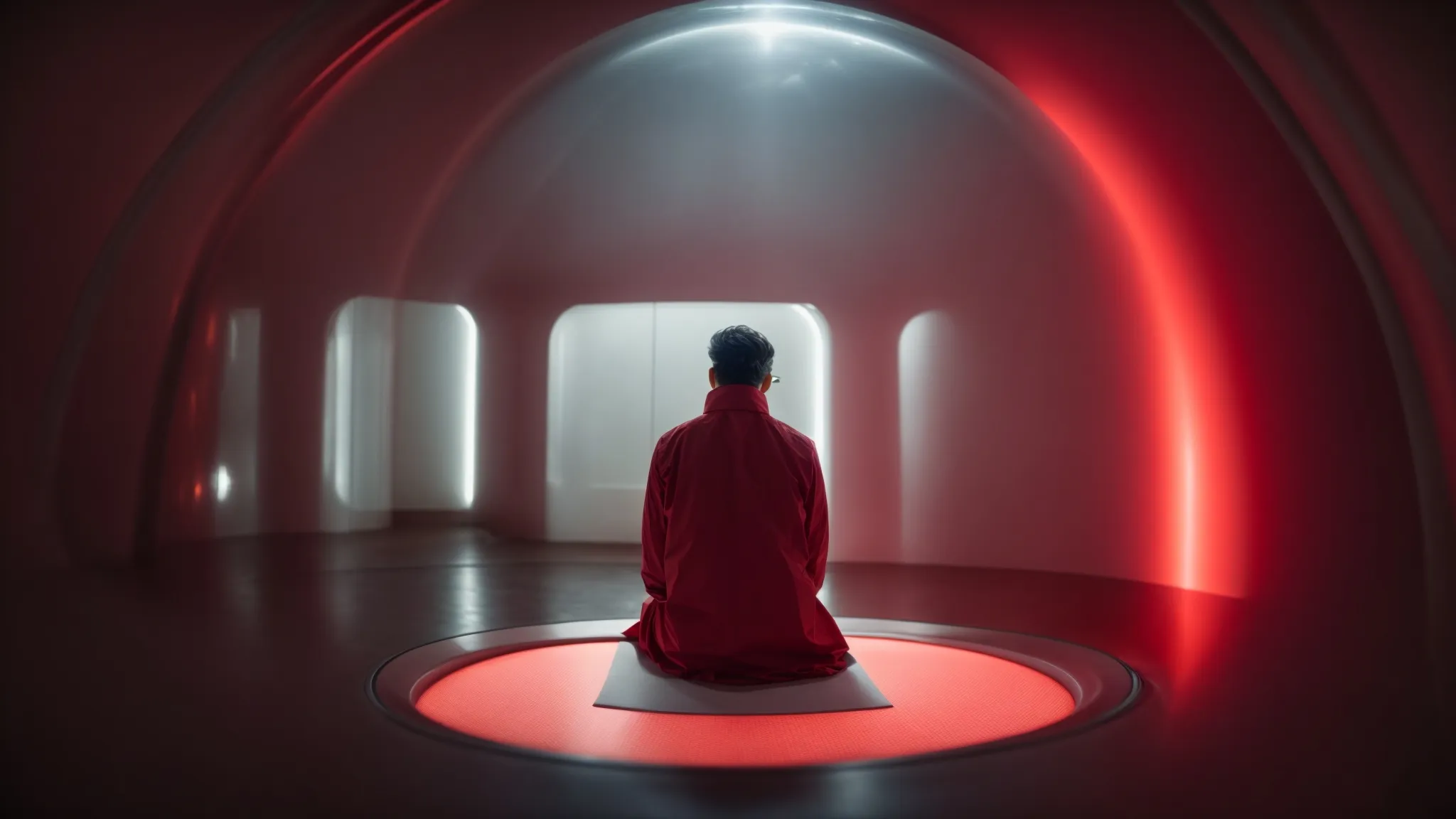 a patient sits under a large dome emitting a soothing red glow, enveloping the entire head in therapeutic light.