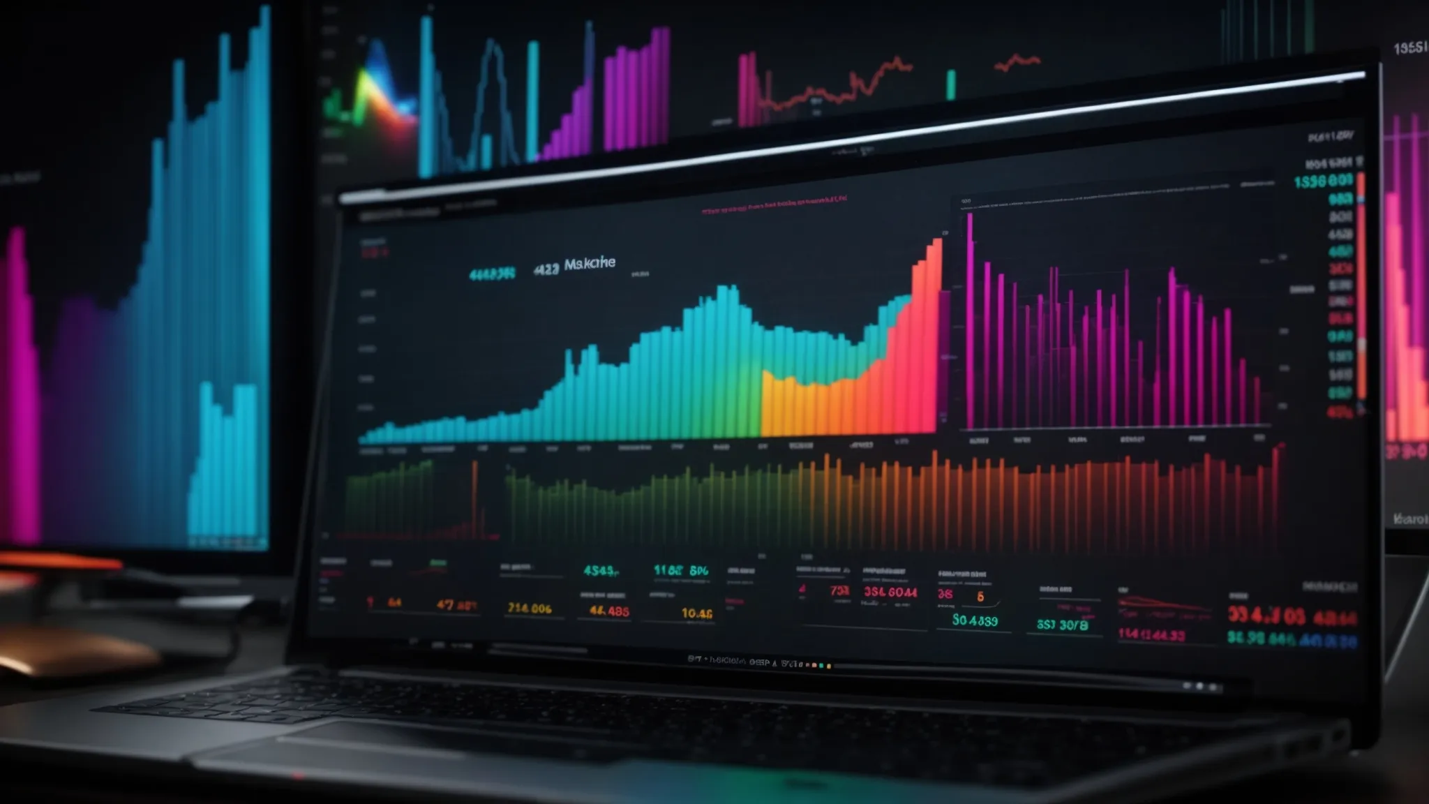 a computer screen displaying colorful charts and graphs signifying keyword performance analysis on a digital marketing dashboard.