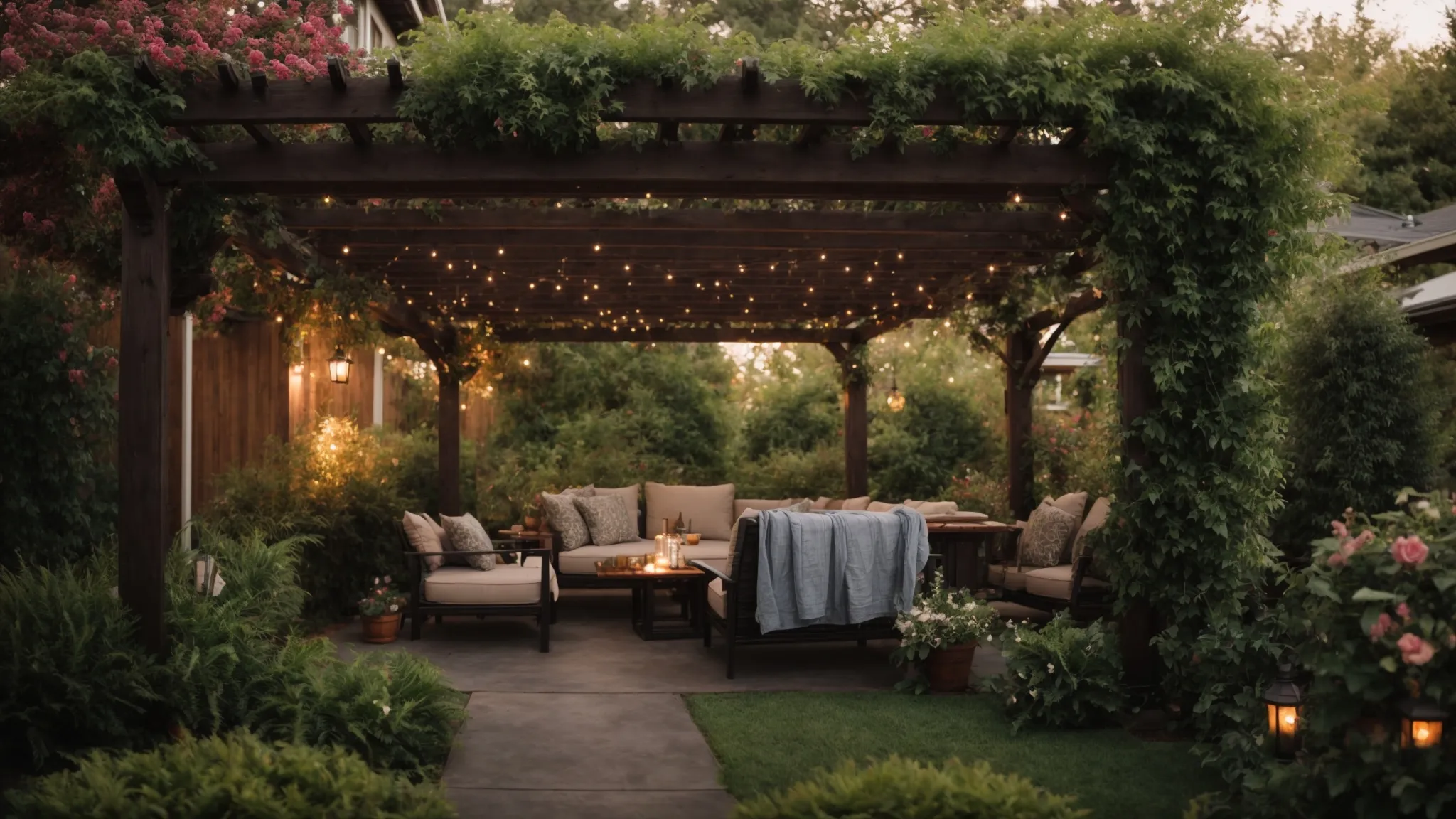 a personalized pergola adorned with soft evening lights, lush climbing plants, and breezy curtains creates a cozy backyard retreat in mcminnville.