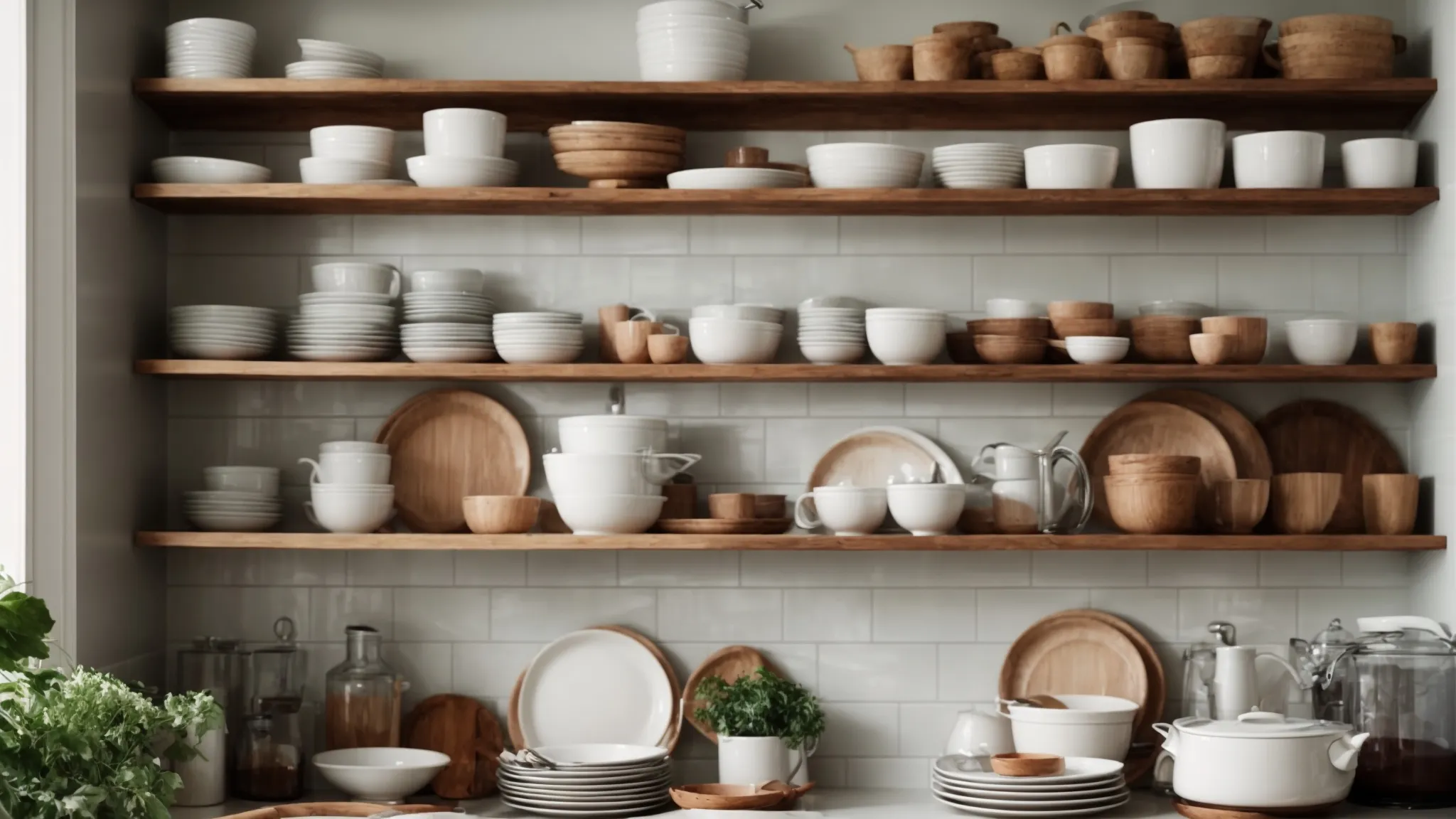 a kitchen showcasing open shelving filled with neatly arranged dishes and jars, embodying a modern and airy aesthetic.