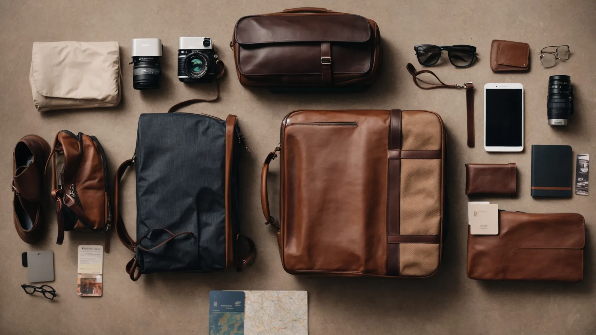 a neatly organized suitcase with versatile clothing items and modern gadgets alongside a map and passport.