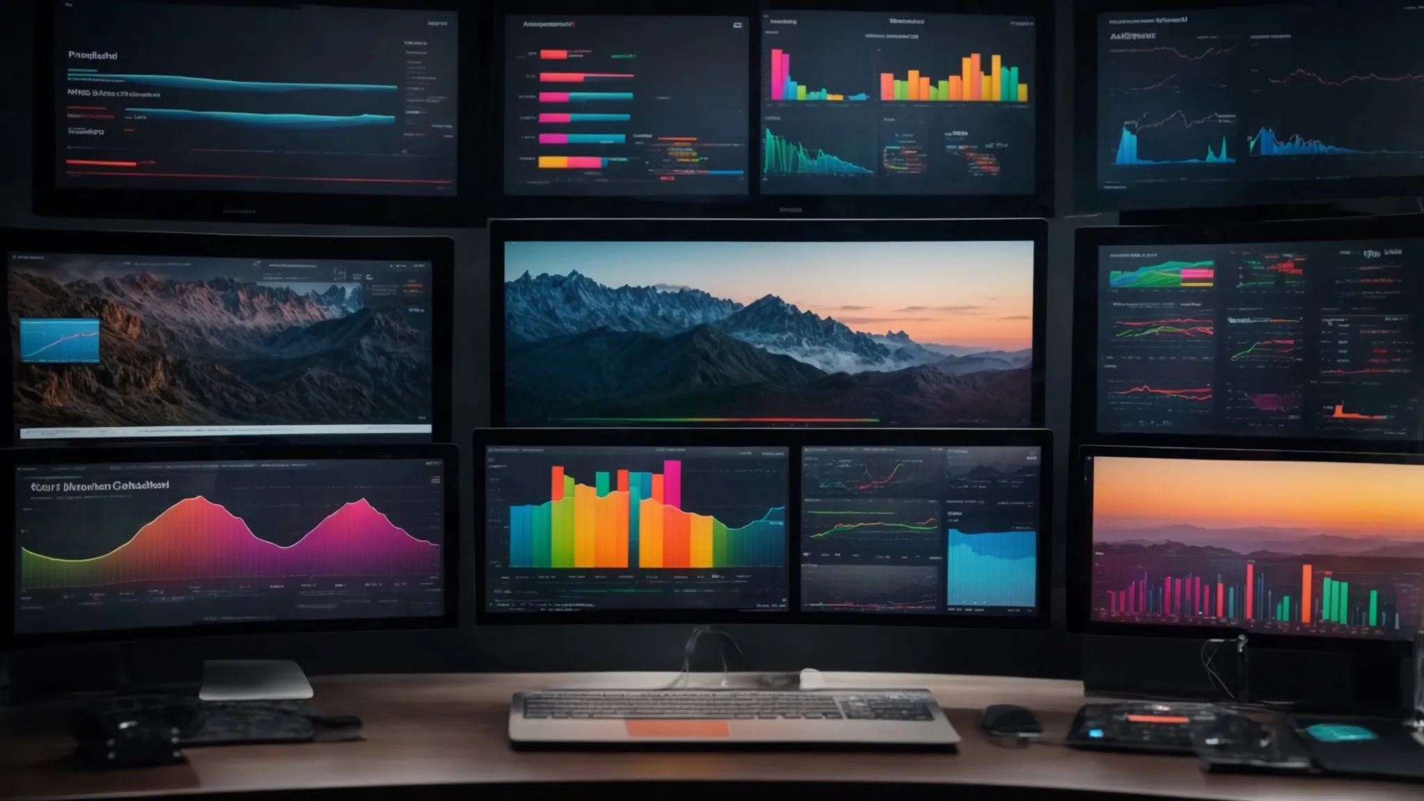 a desktop with multiple screens displaying colorful graphs and digital advertising dashboards.