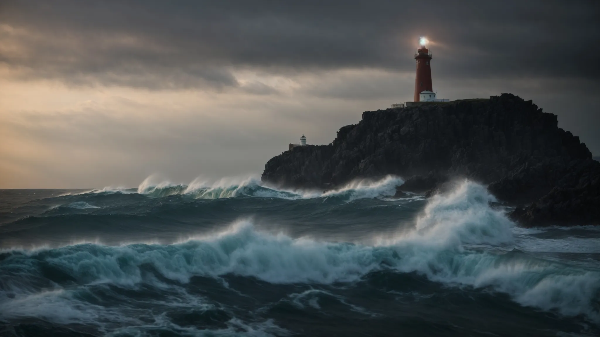 a lighthouse stands firm on a rocky coastline, guiding ships through a tumultuous sea at dusk.