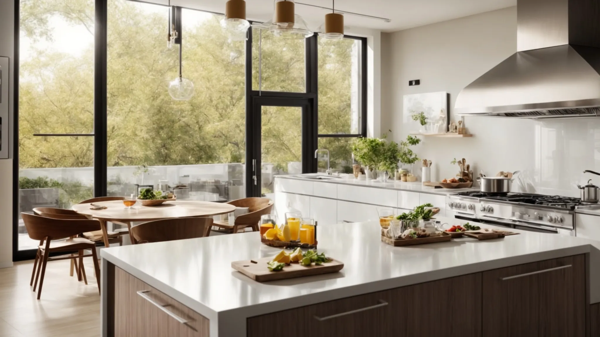 a modern kitchen showcasing energy-efficient appliances and solar panels visible through the window.
