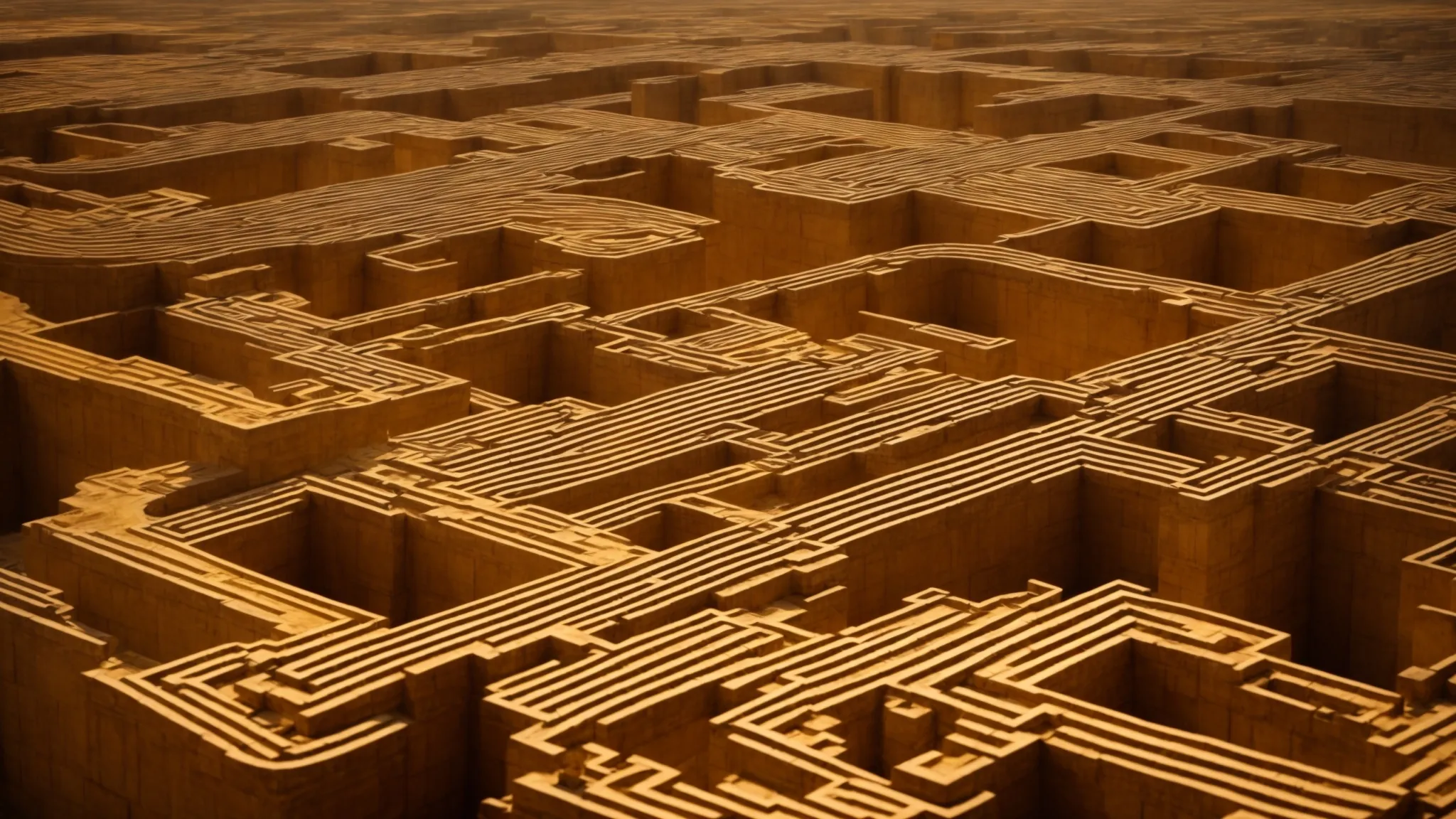 a sprawling labyrinth constructed from twisting digital pathways and ancient texts, bathed in a golden light.