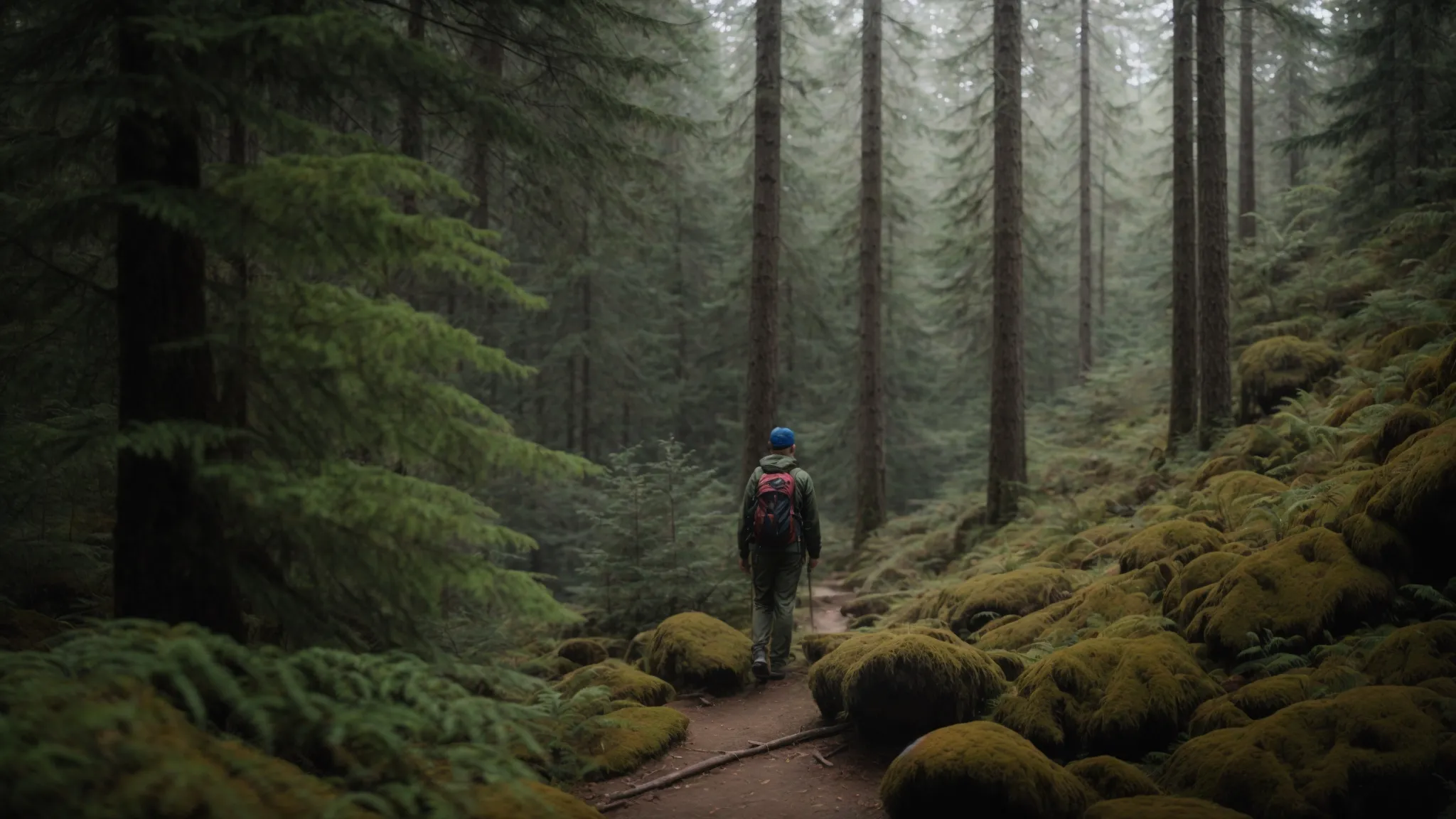 a hiker stands at the edge of a dense forest, peering into the path that disappears into the wilderness ahead.