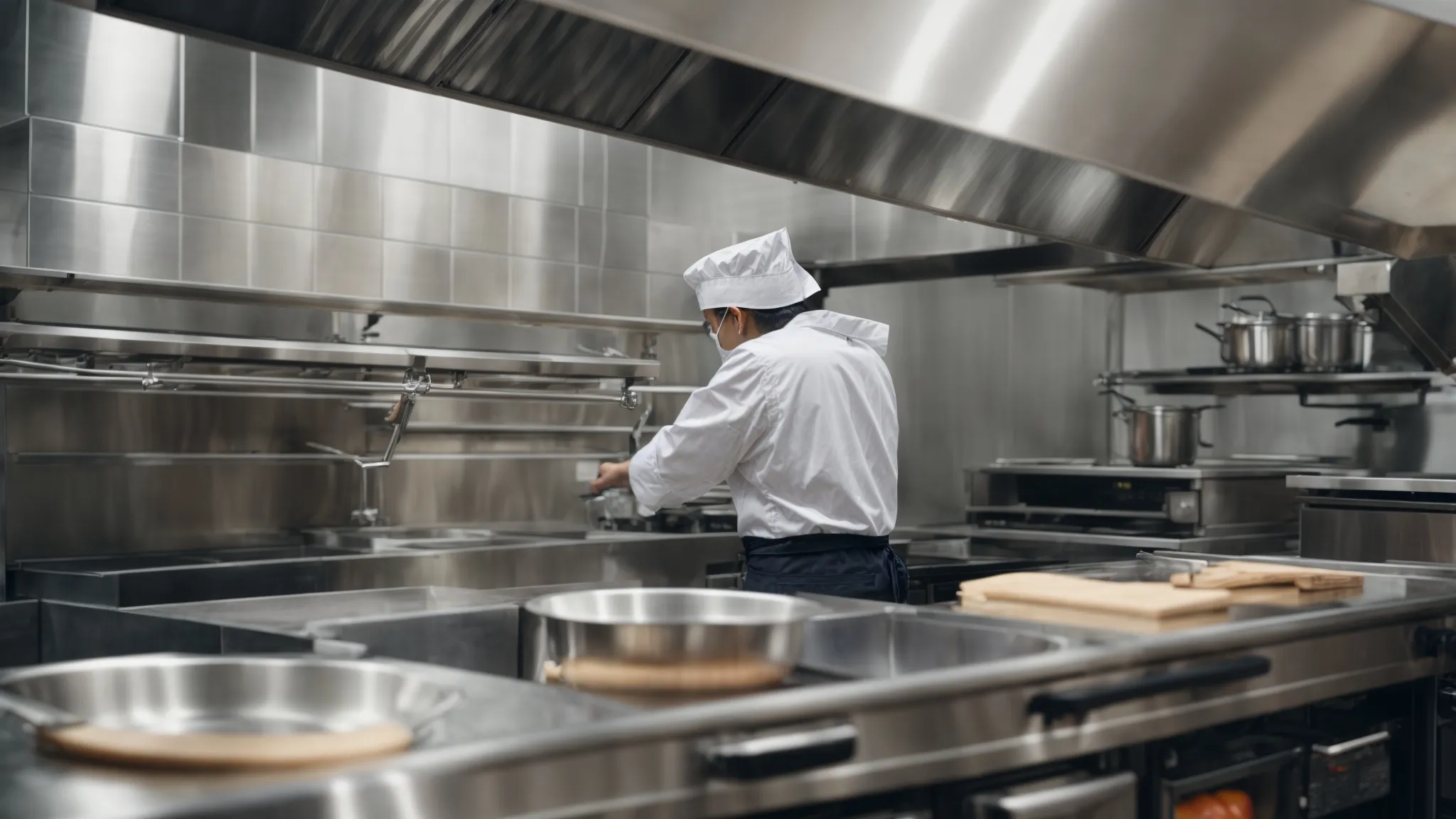 a professional kitchen staff member diligently cleans a large stainless steel Toronto Hood Cleaning over a commercial stove, ensuring a safer cooking environment.