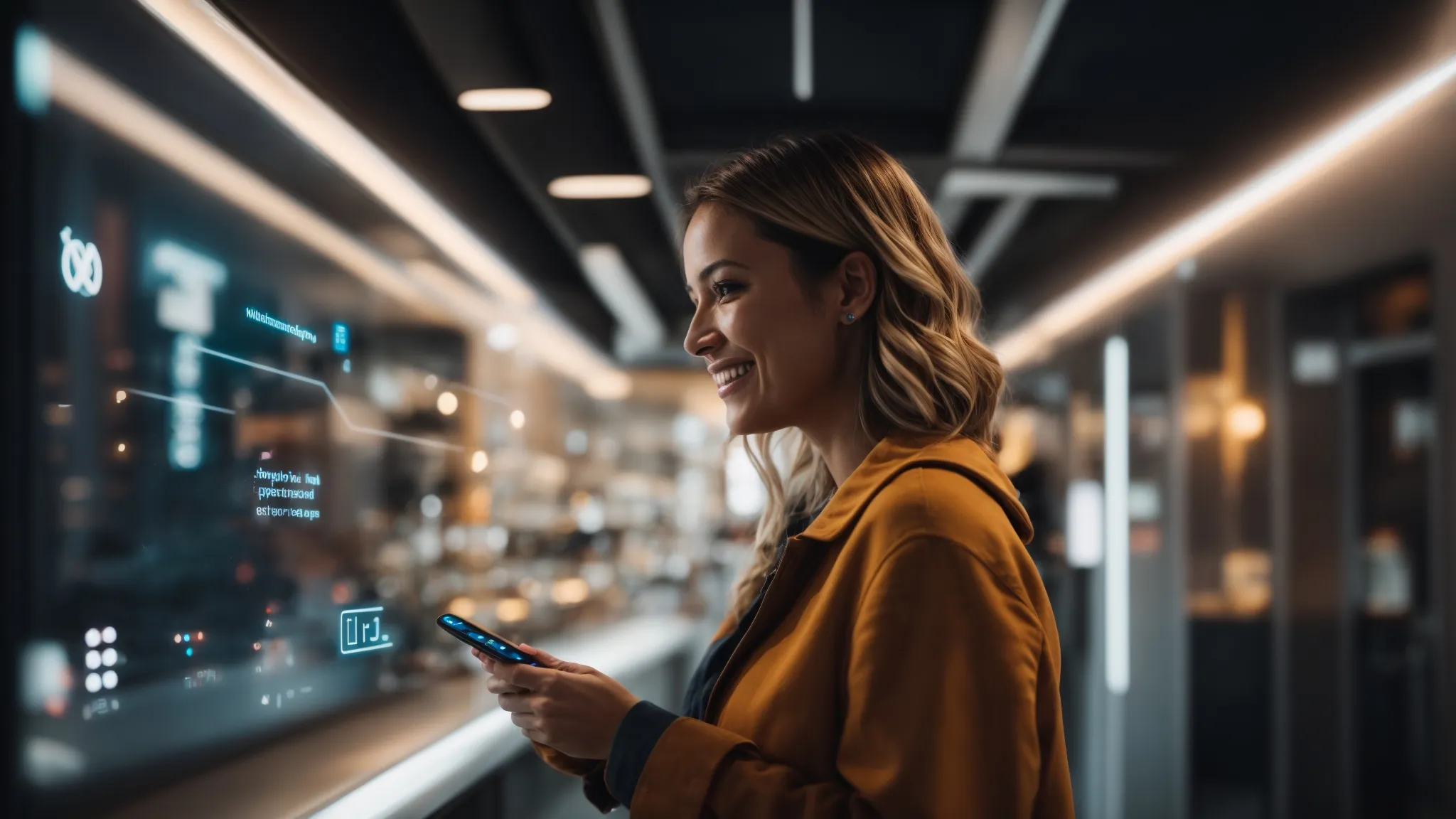 a customer smiles in satisfaction as they interact with a sleek digital interface, bright symbols of messaging and ai illuminating the screen.