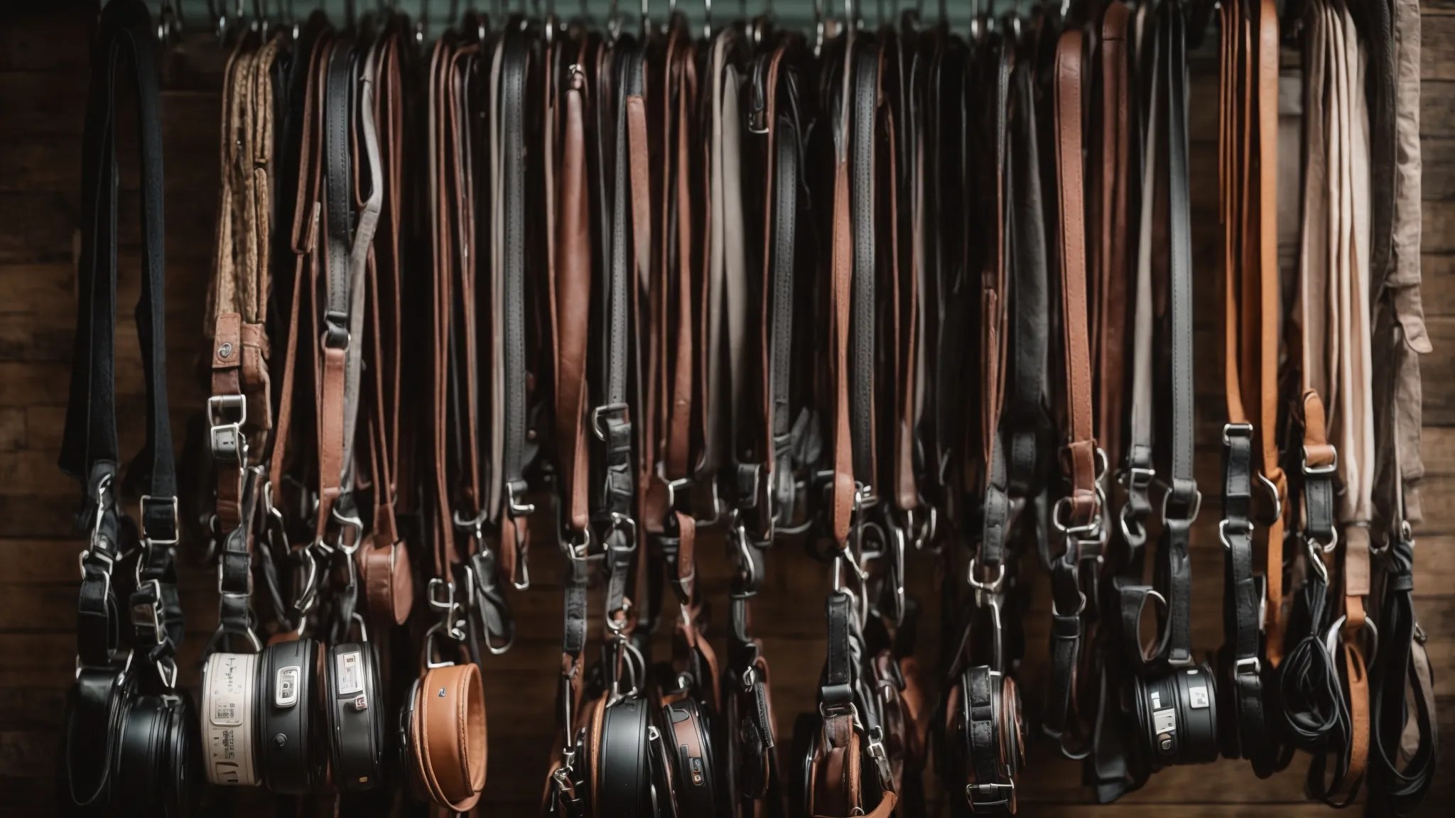 a variety of dog leashes and harnesses are neatly displayed on a pet store rack.