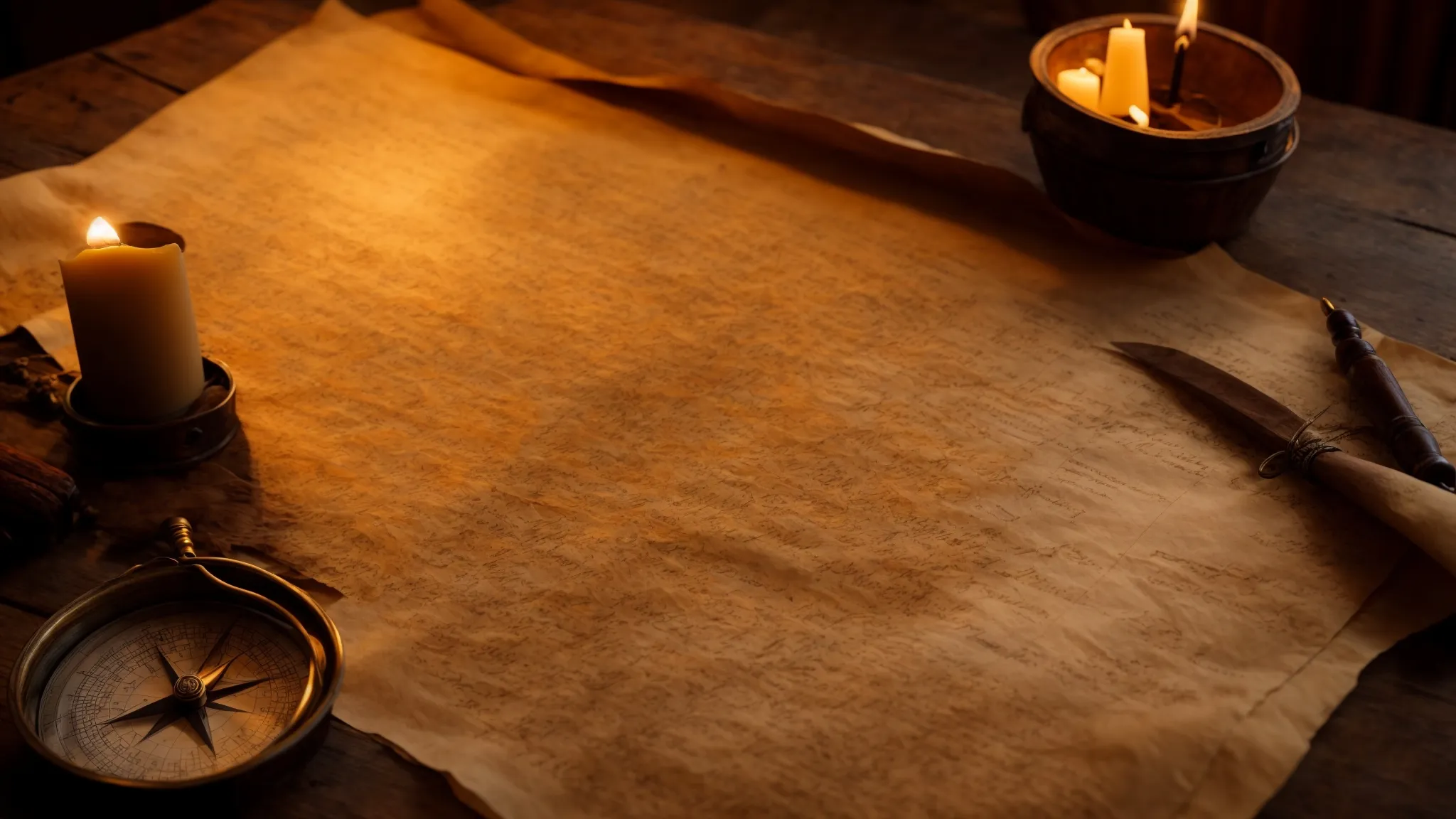 a weathered parchment map sprawled on a wooden table, compass and quill alongside, bathed in the glow of a flickering candle.