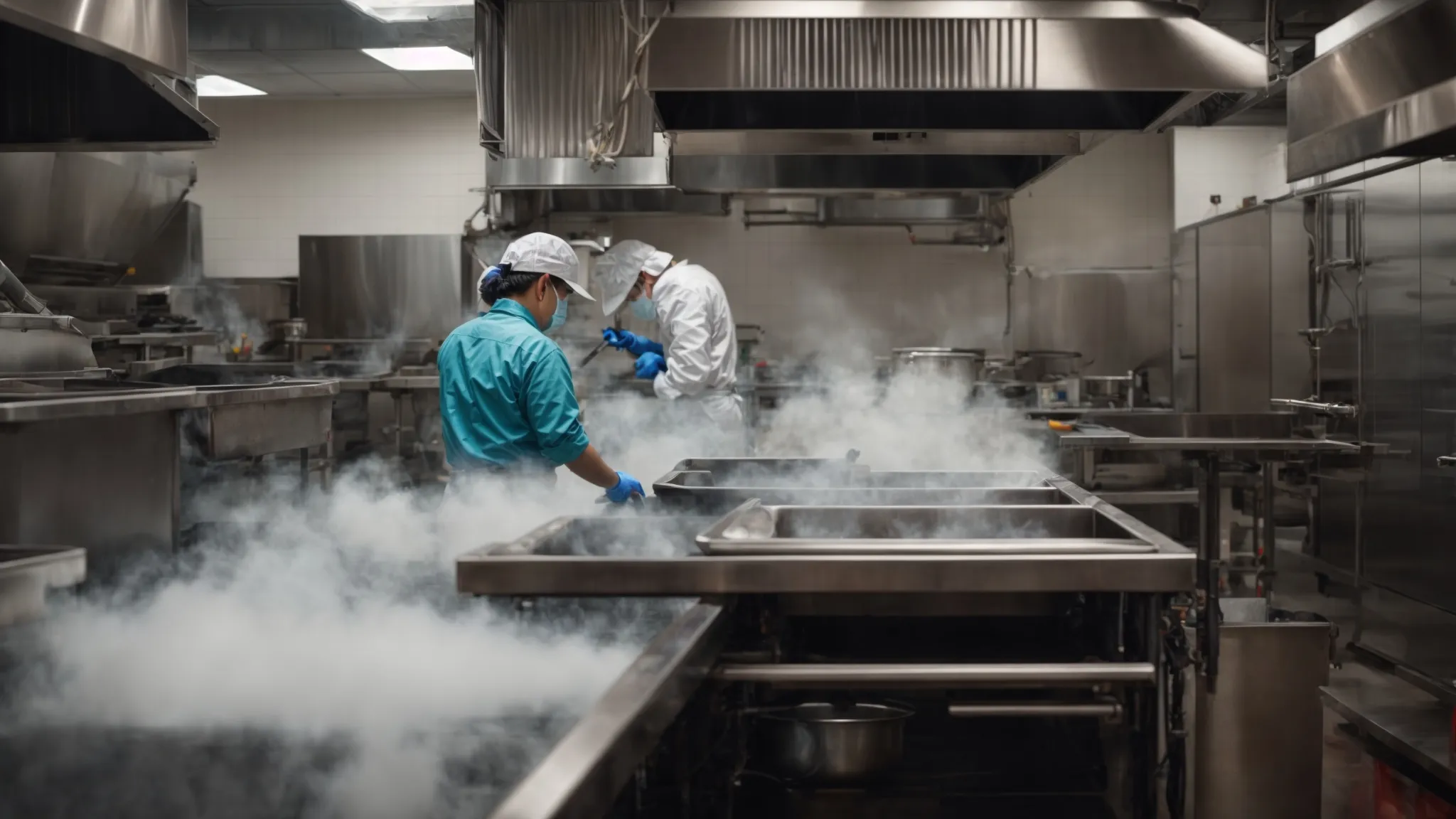 a professional team diligently cleans a large commercial kitchen's ventilation hood, maintaining a focus on exemplary service and safety.