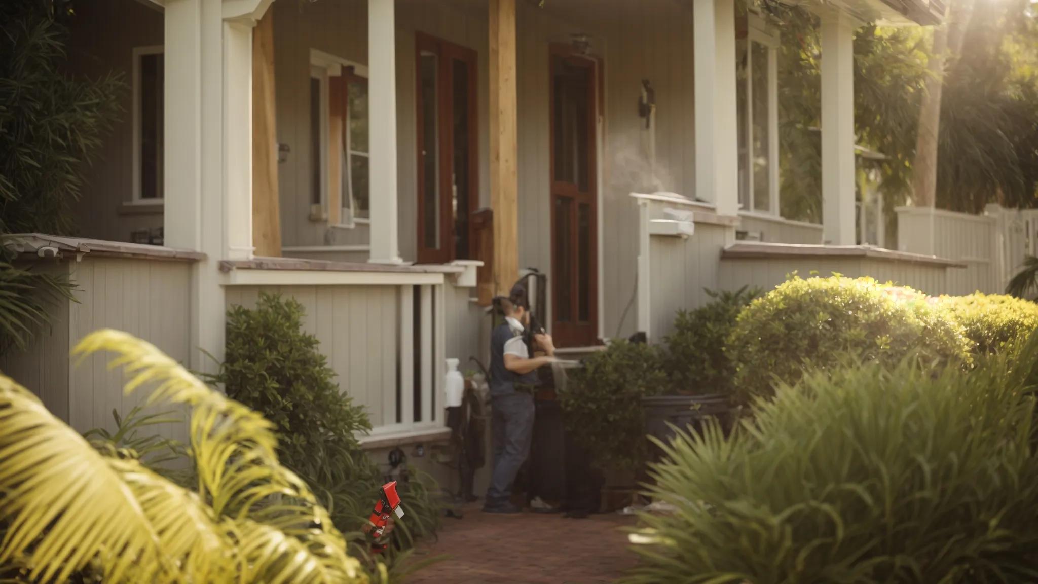 a professional softly sprays the exterior of a tampa home, revitalizing its appearance under the bright sunlight.