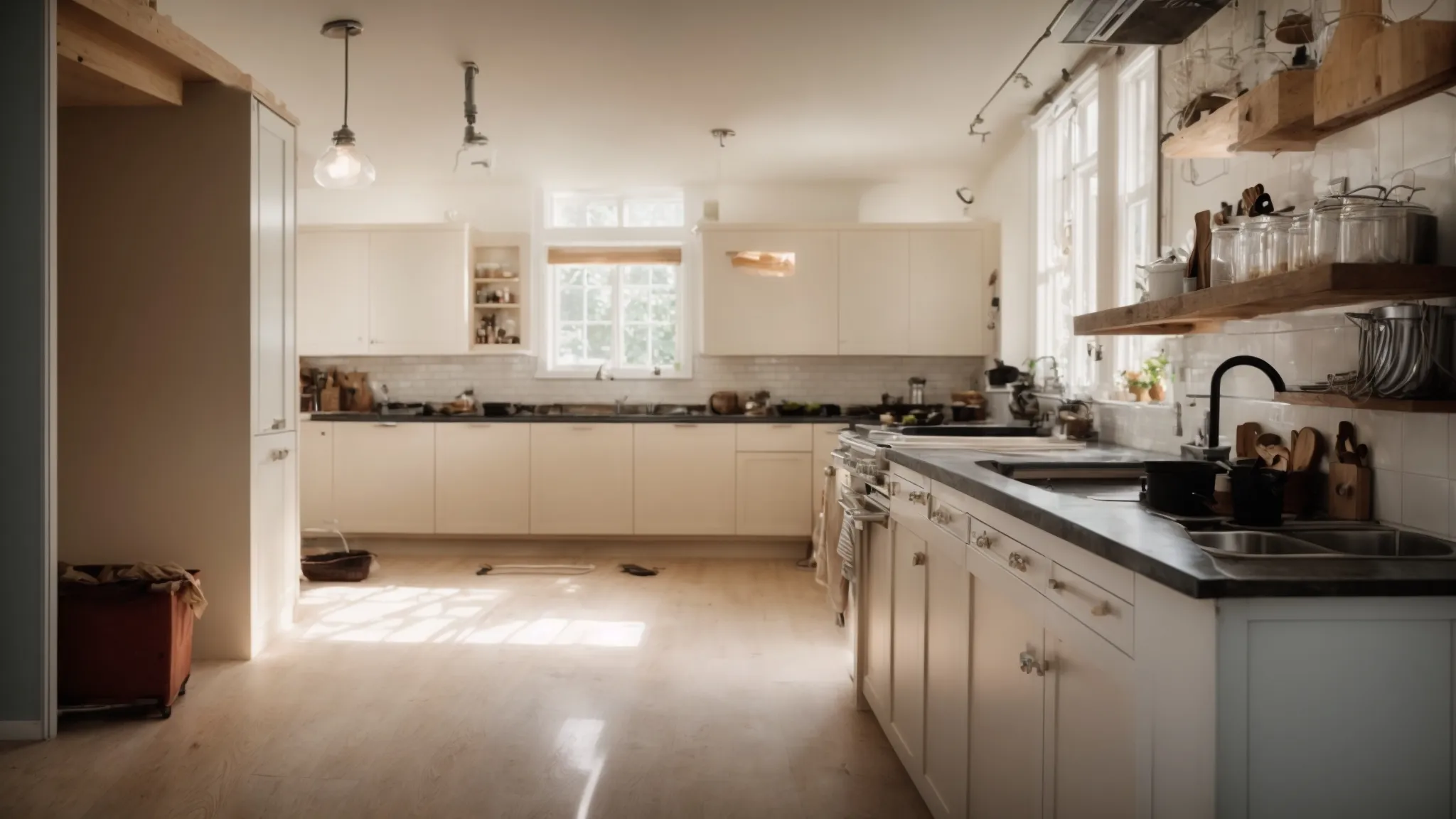 a well-lit kitchen undergoing renovation with visible exposed wires and pipes under the sink.