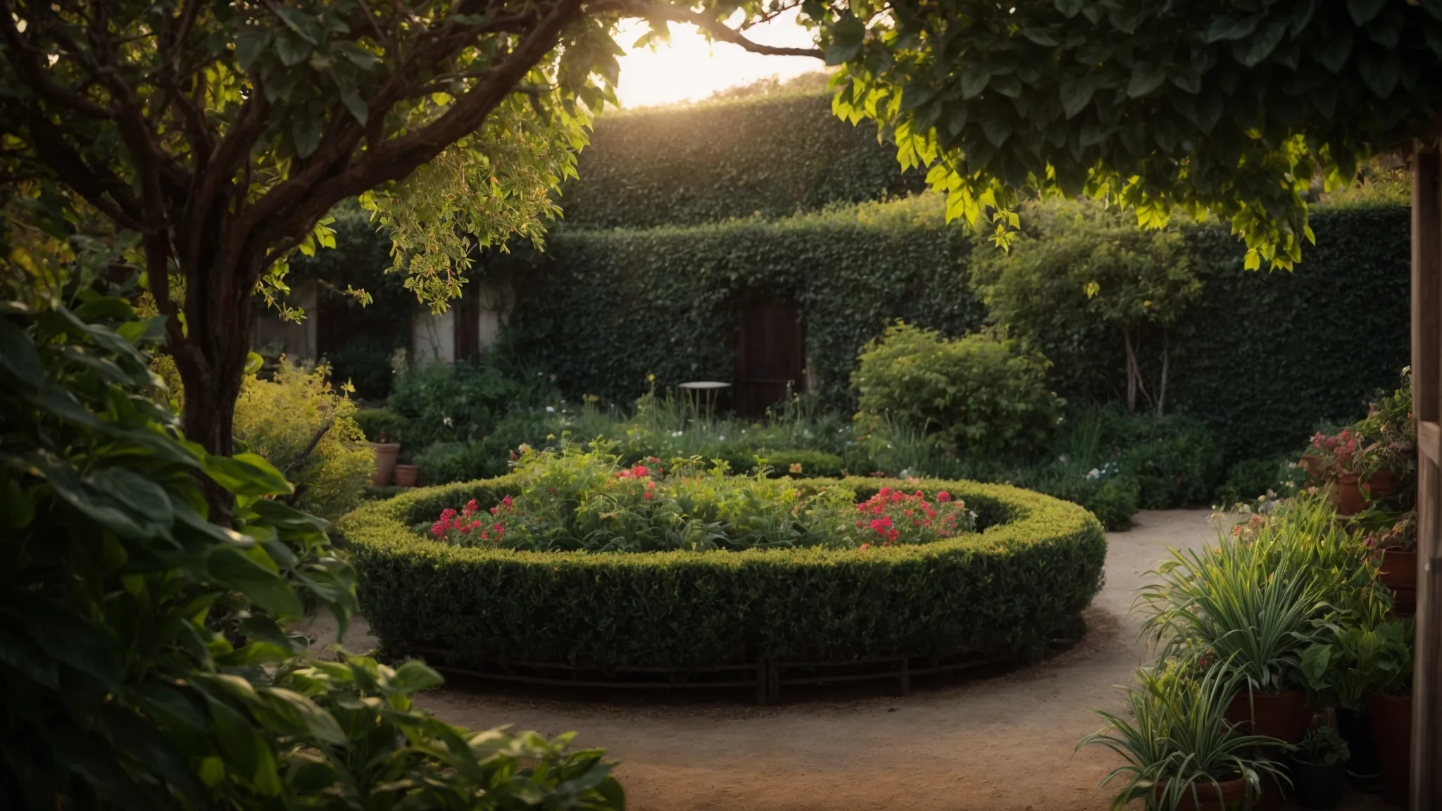 a well-tended garden with vibrant plants connected by intertwining vines under the glow of morning sunlight.