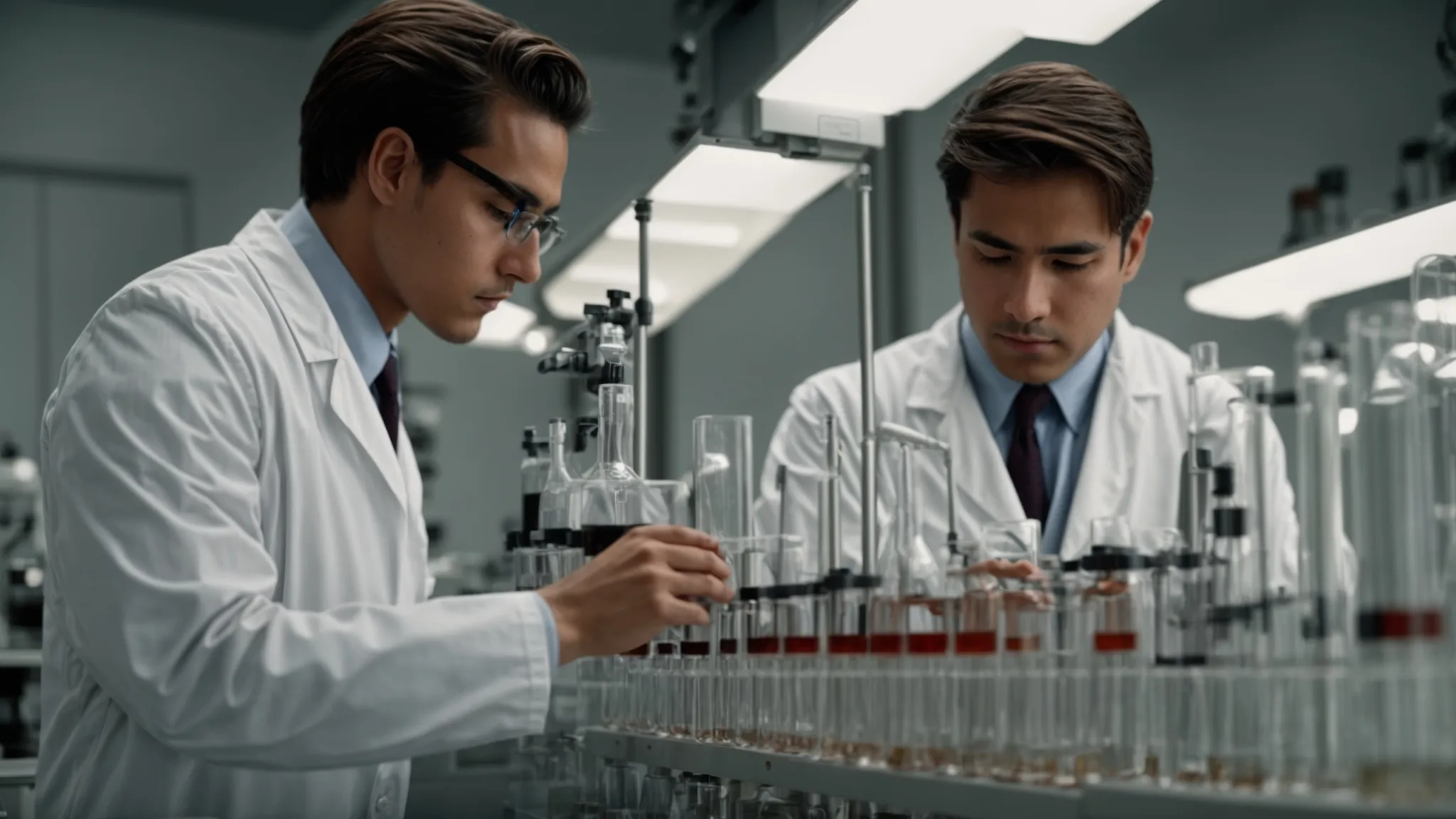 a scientist attentively adjusts settings on two nearly identical laboratory experiments, observing the reactions closely.