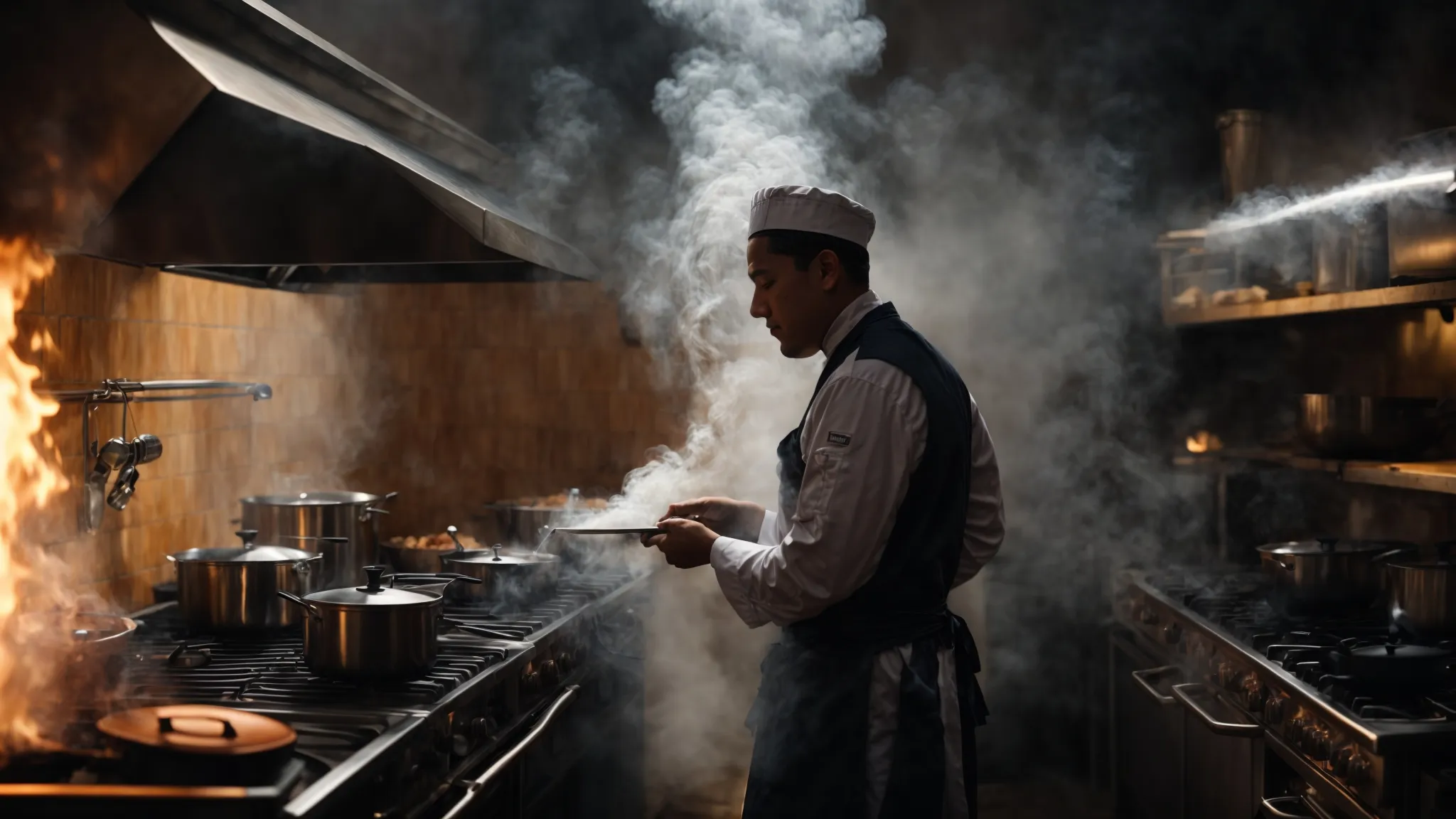 a chef stands before a stove, smoke swirling upwards towards a grimy kitchen hood.