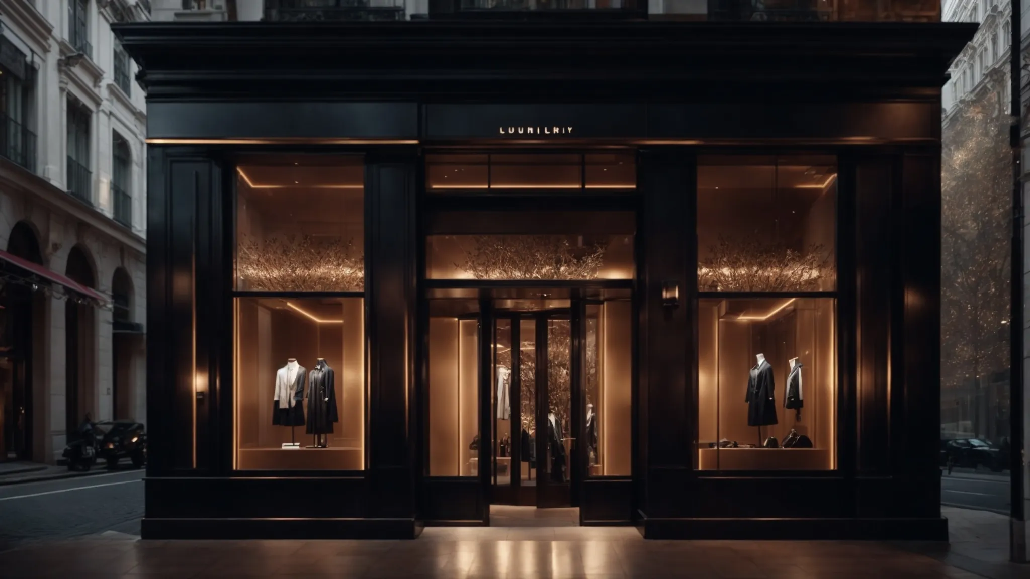 a luxury brand storefront elegantly illuminated, welcoming shoppers into an immersive shopping experience merging the digital and physical realms.