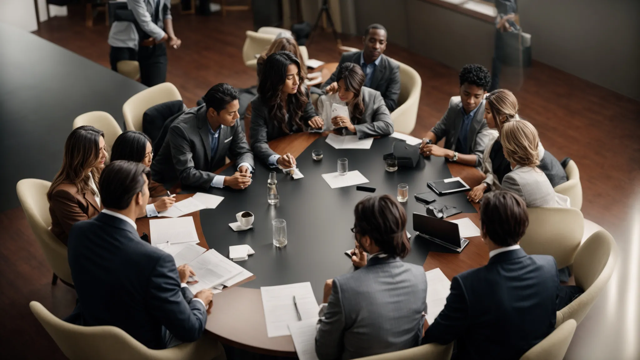 a group of professionals gathers around a conference table, immersed in a strategic planning session.