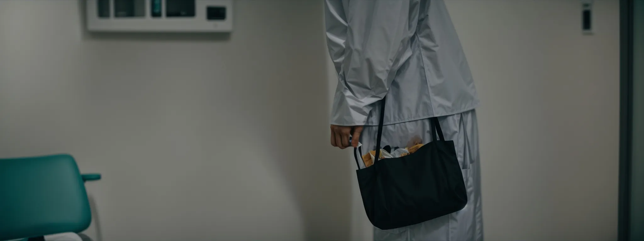 a person dressed in comfortable clothing walks into a dental clinic holding a small bag.