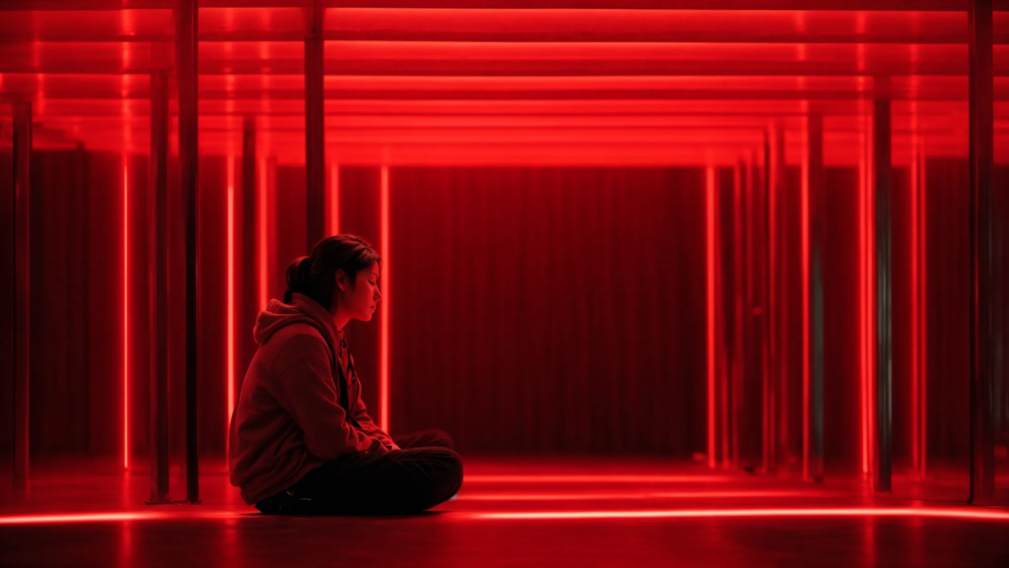 a serene person sits beneath a canopy of glowing red light panels, their closed eyes suggesting relief and tranquility.