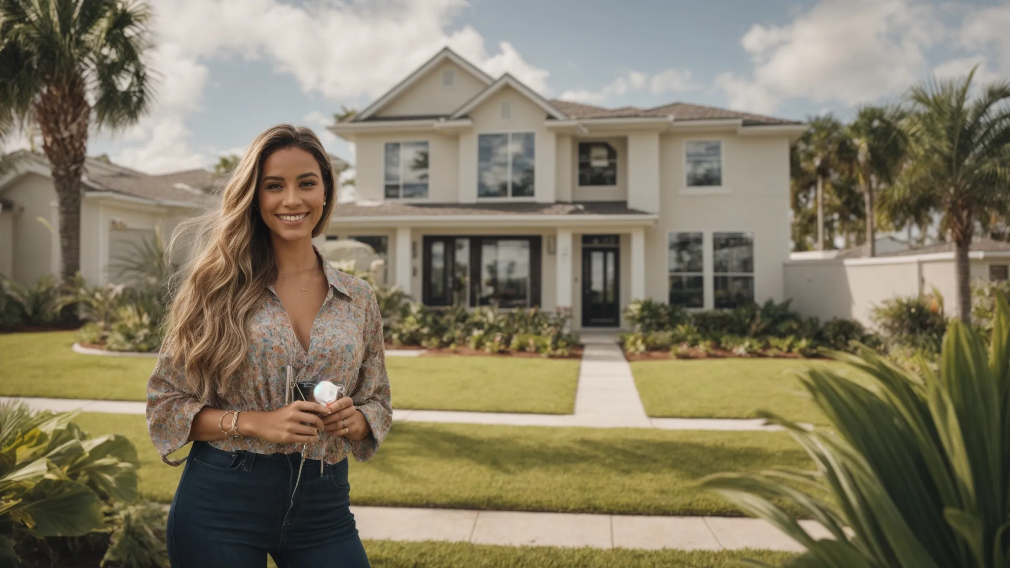 Create an image showing an individual smiling and holding keys in front of their new homes, with a backdrop of the Florida Cash For Home office in the background.