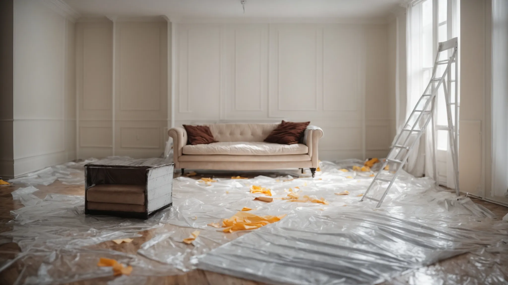 a living room covered in plastic sheets, with a ladder in the middle and an open paint can on the floor.