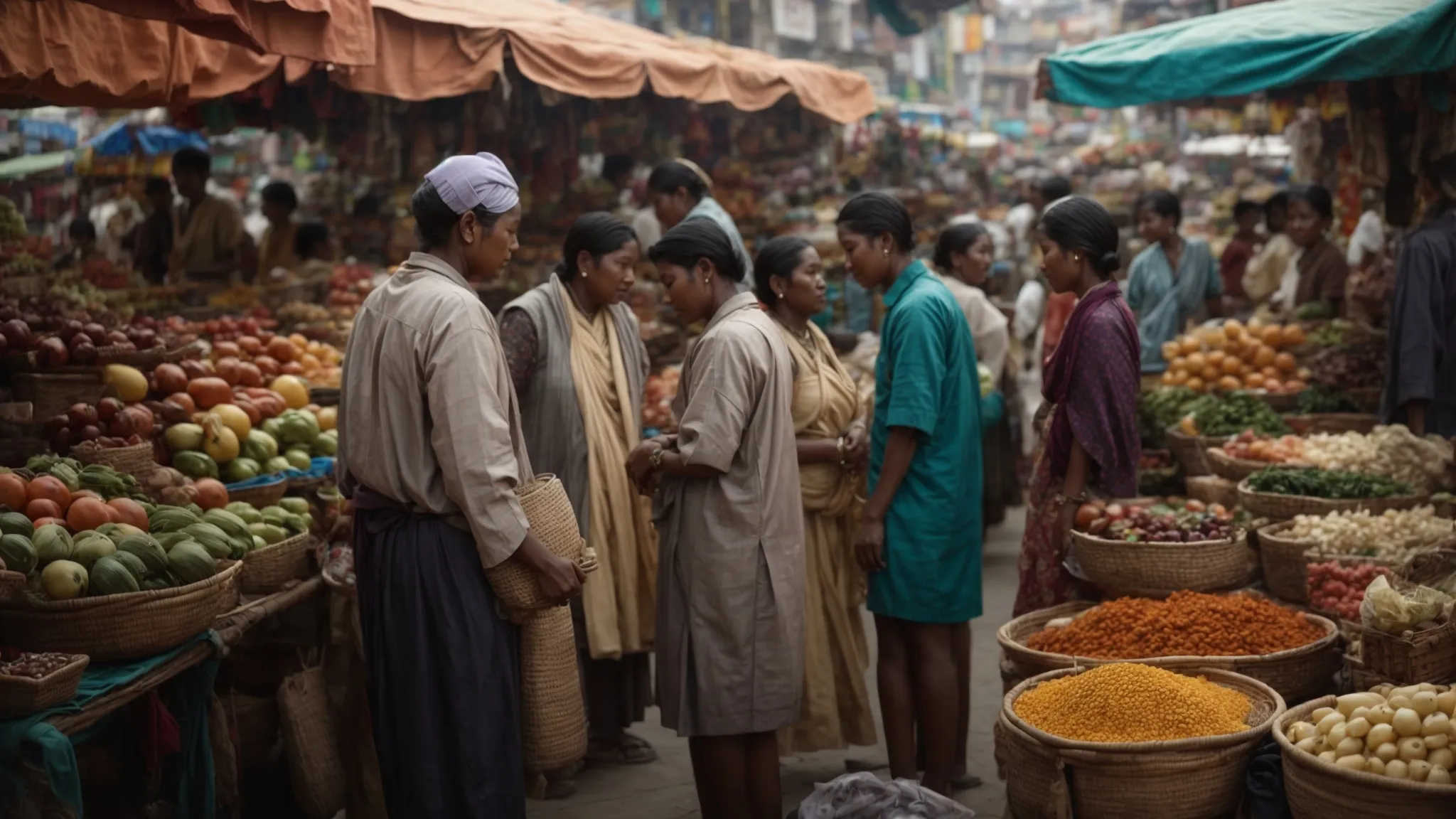 a bustling local market scene with vendors displaying culturally specific goods to enthusiastic shoppers.