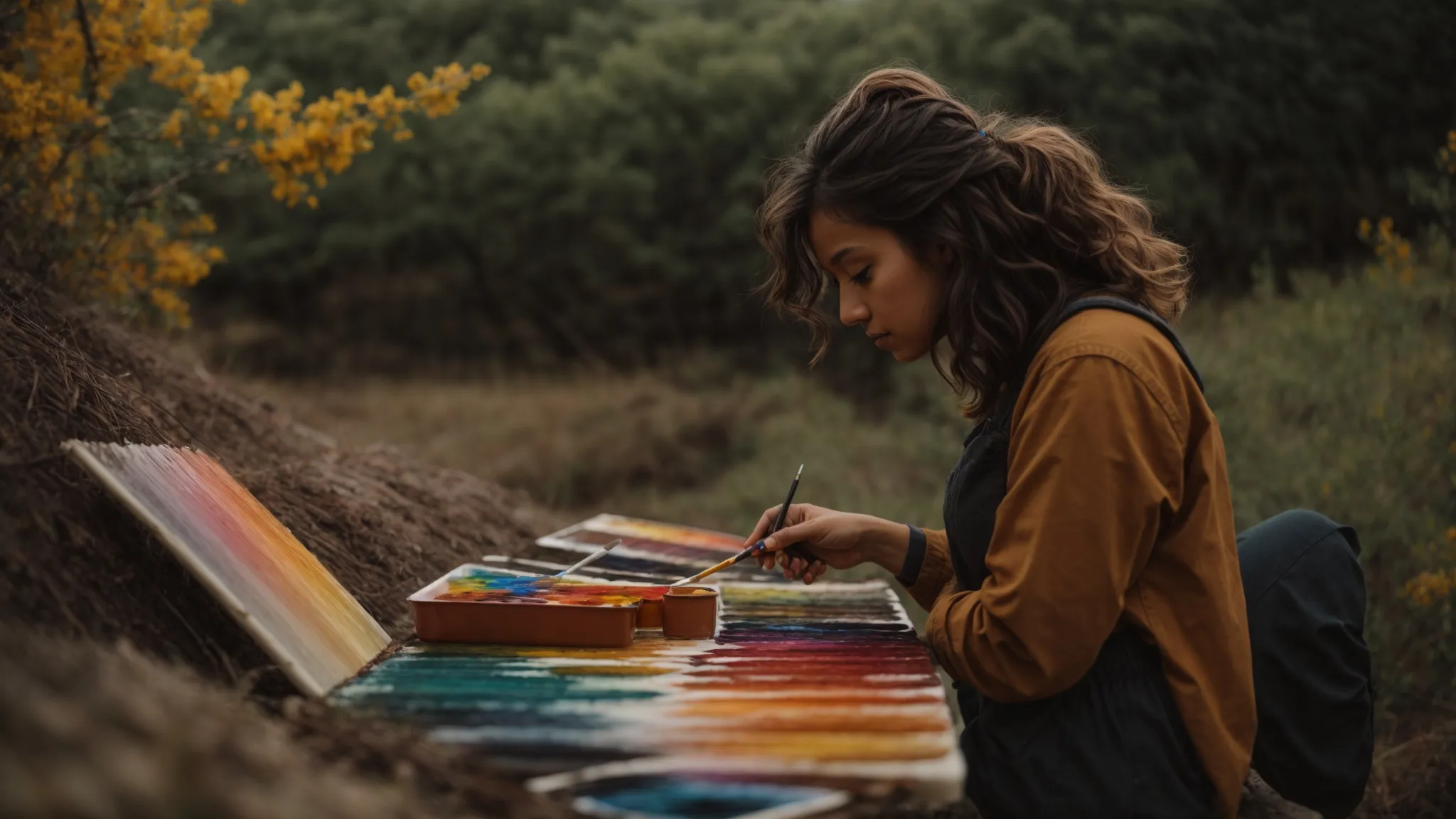 an artist thoughtfully selecting different colors from a vibrant palette to paint a dynamic landscape.