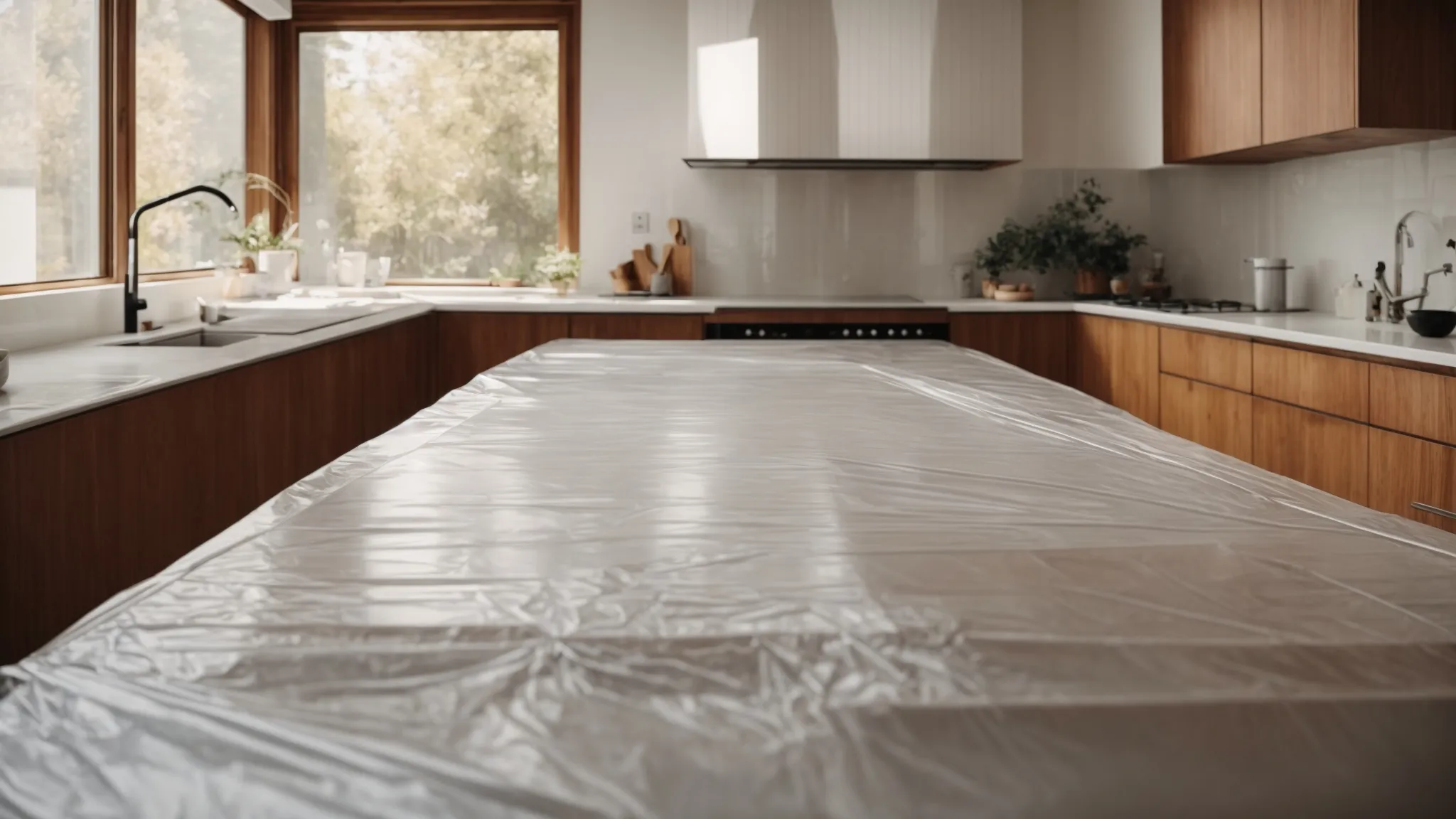 a kitchen with its stove and countertops covered by plastic sheets, secured with masking tape, in preparation for a thorough cleaning.