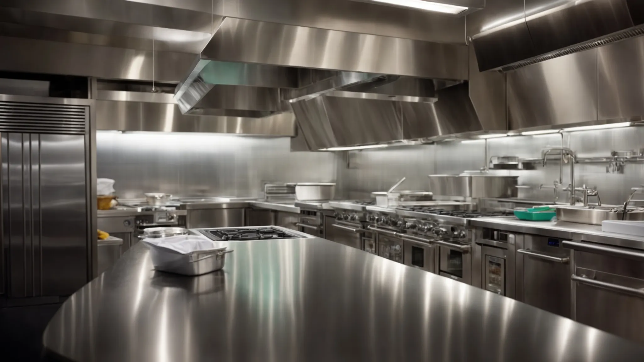 a professional inspector reviews a well-organized file on a clean, stainless steel kitchen counter, illuminated by the overhead lights of a commercial kitchen.