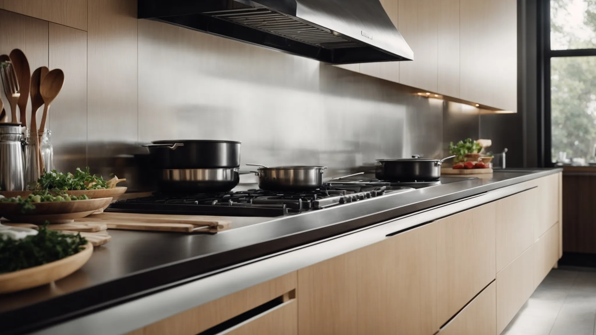 a sparkling clean kitchen hood gleaming above a stove in a tidy kitchen.