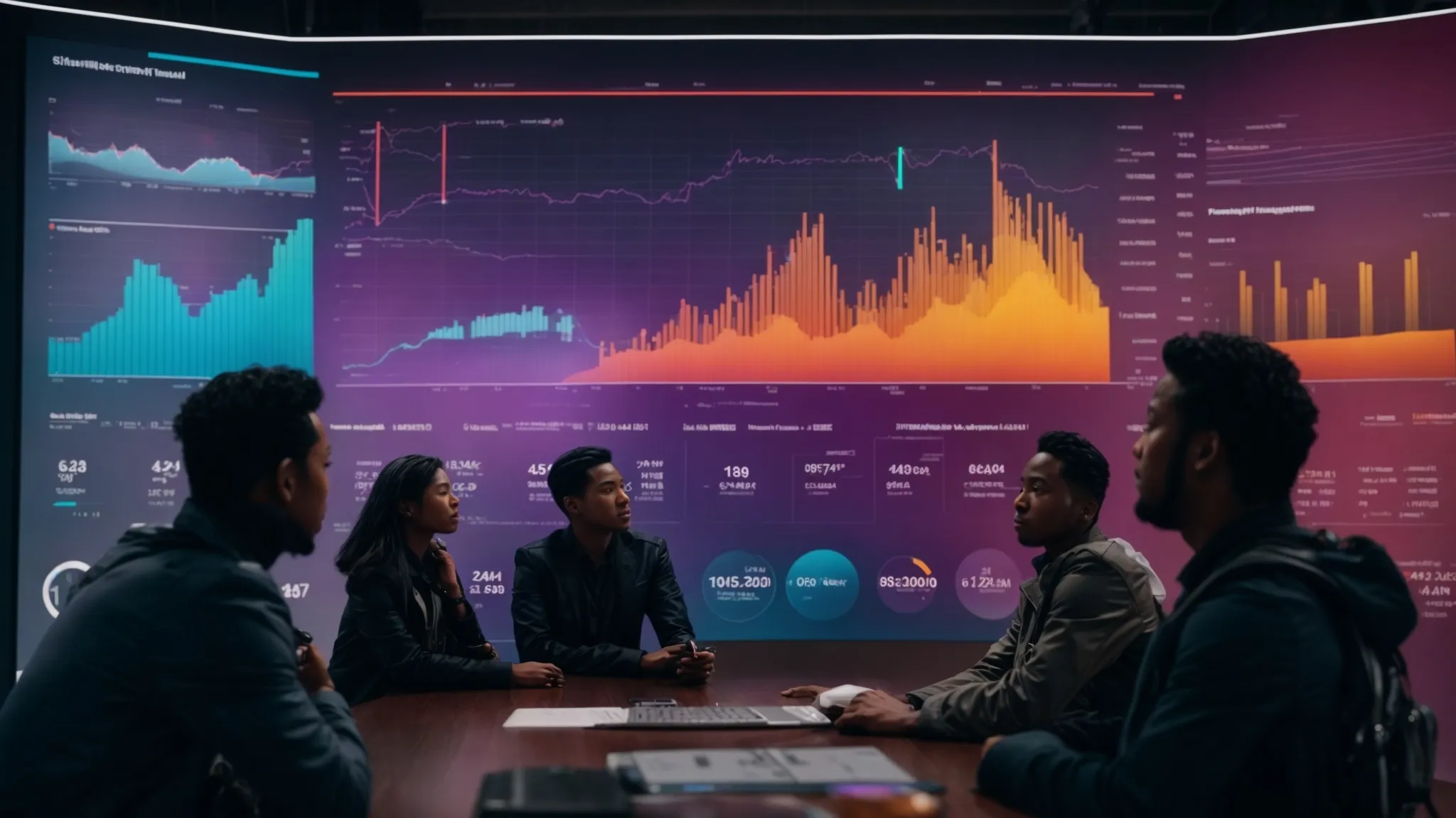 a diverse group of people gathered around a giant digital screen displaying colorful graphs and financial data.