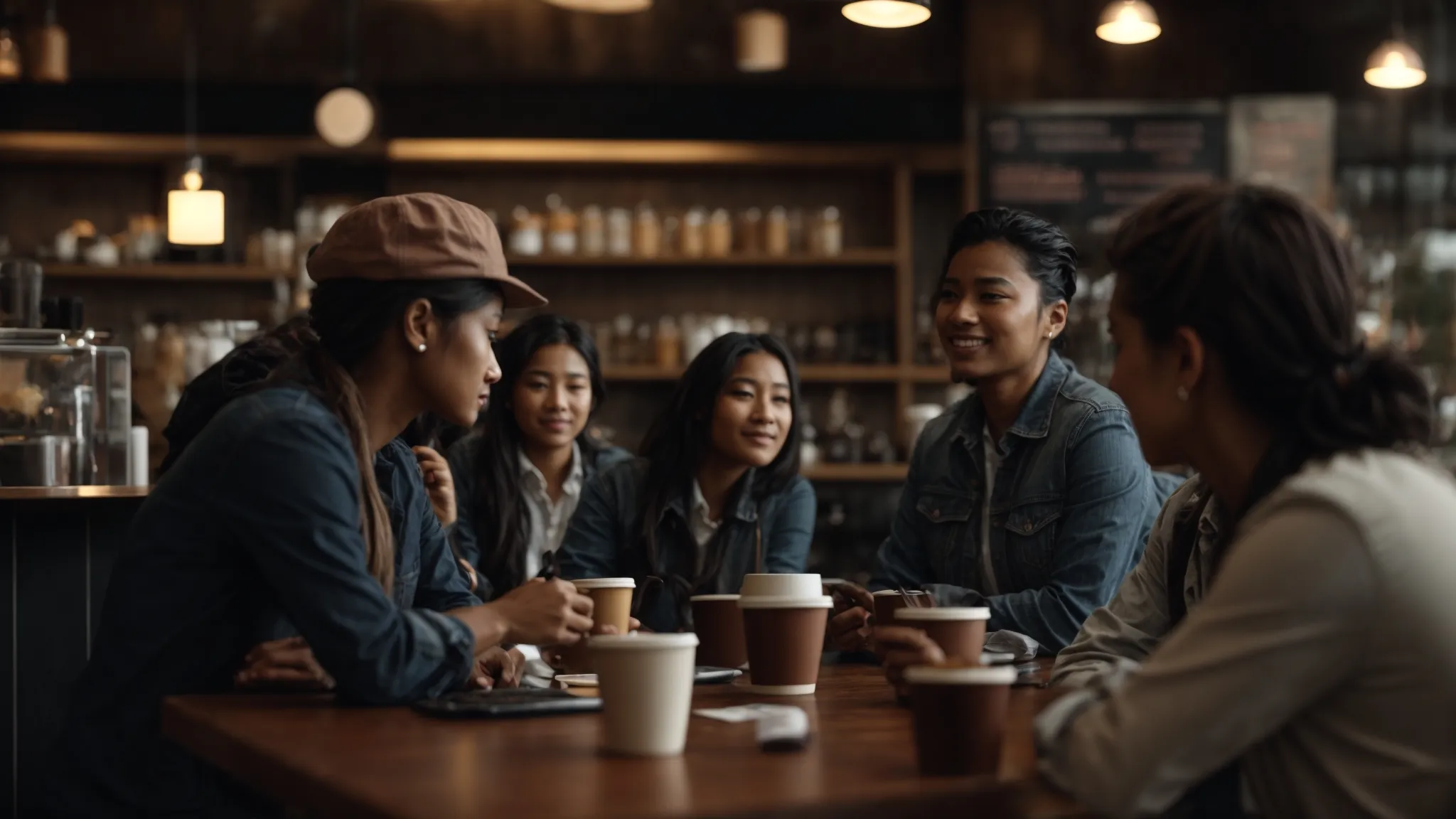 A Bustling Coffee Shop Filled With Diverse Individuals, Each Immersed In Their Own World, While A Professional Confidently Presents A Marketing Strategy On A Screen.