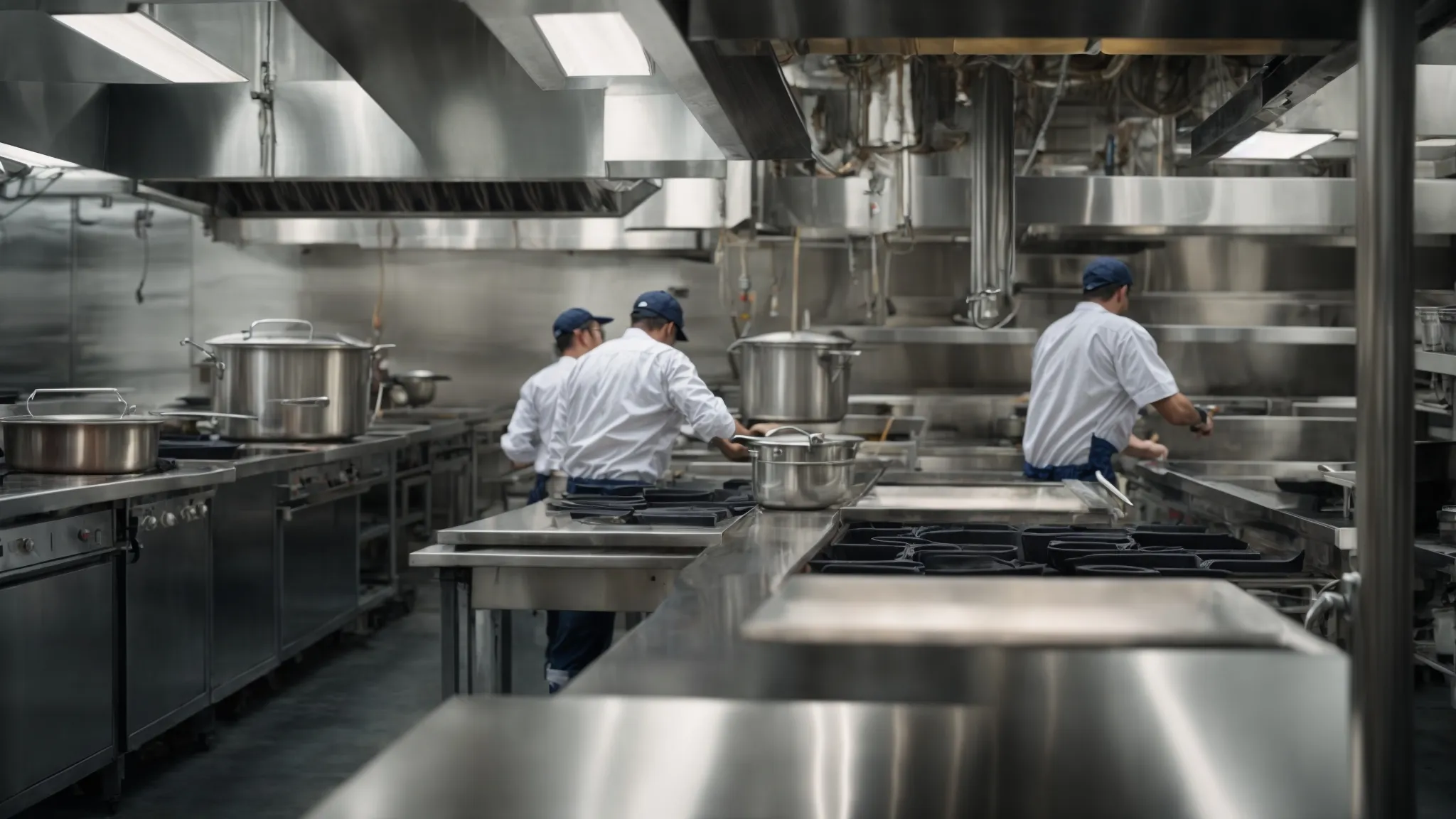 a professional cleaning crew meticulously services an expansive kitchen exhaust system above industrial stoves in a well-lit commercial kitchen.