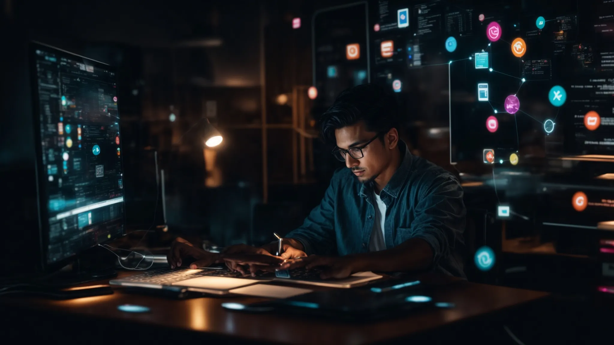 a busy digital marketer surrounded by glowing icons of pie charts, magnifying glass, and interconnected web links on a computer screen in a dimly lit room.