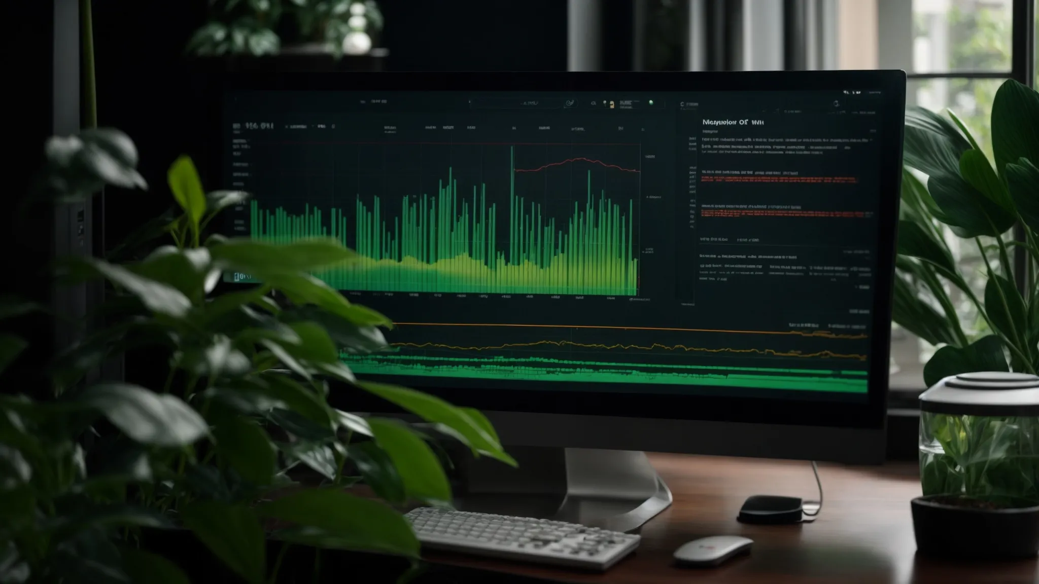 a computer screen displays a vibrant graph while in the background a lush green plant symbolizes growth.