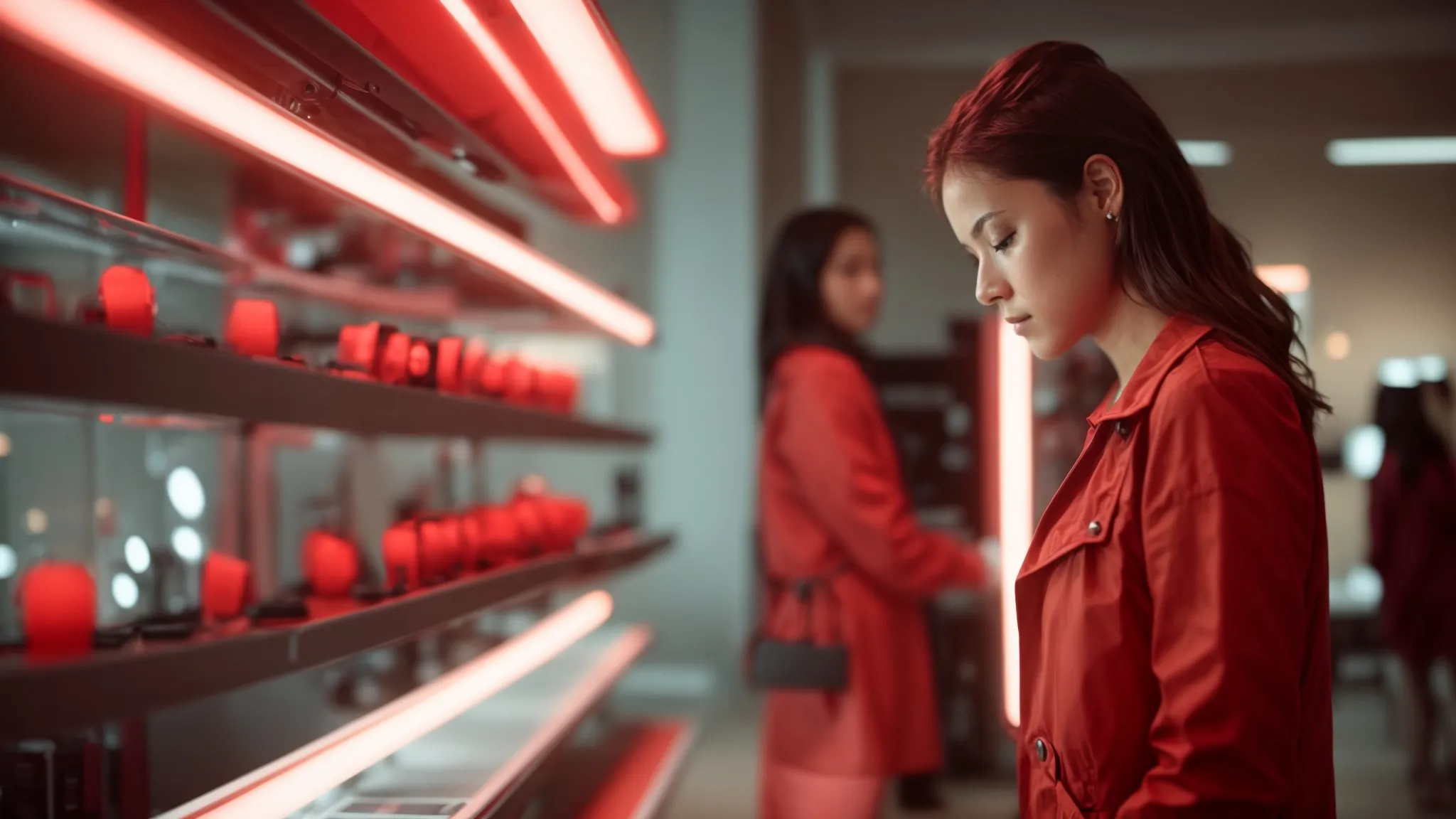 a person thoughtfully comparing two red light therapy devices side-by-side in a well-lit store.