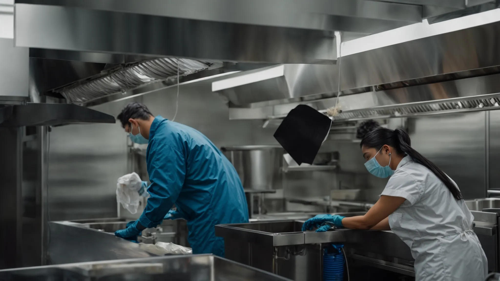 a professional kitchen deep cleaning team working on a commercial hood exhaust system.