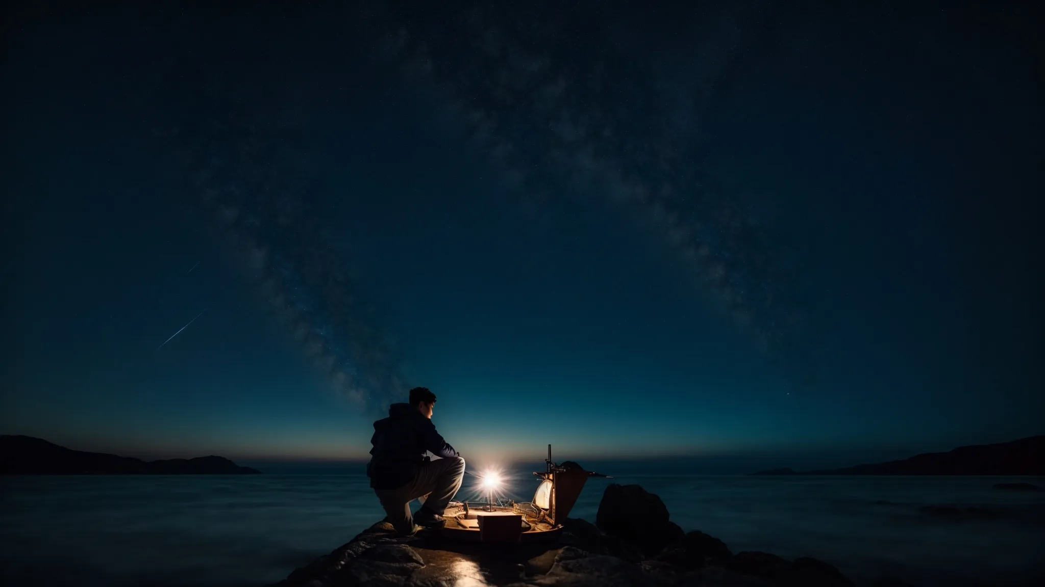 a sailor at a vast sea, navigating with a compass under a starry sky, symbolizes strategic exploration and discovery.