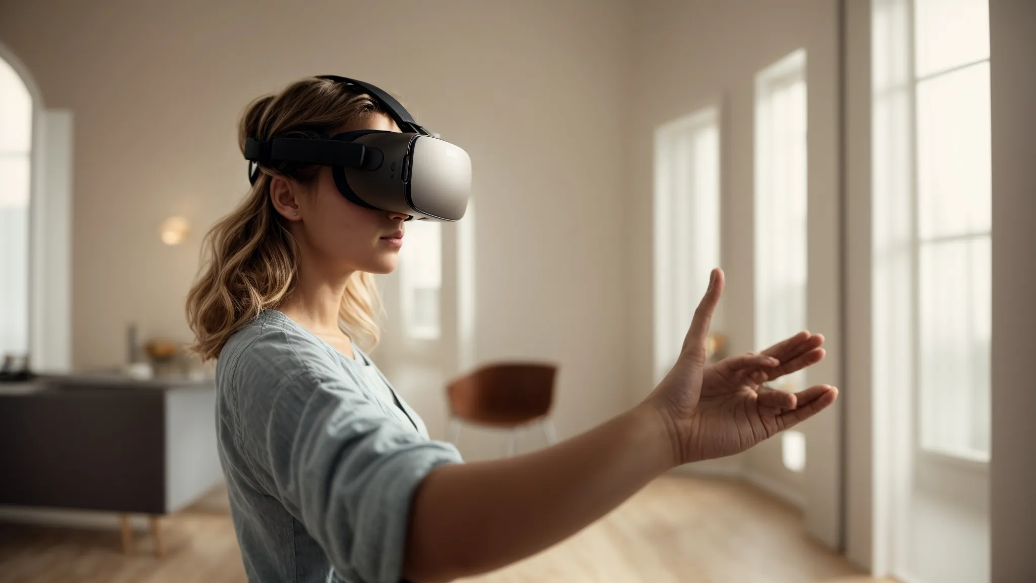a person wearing a virtual reality headset, reaching out towards an invisible object with fascination in a brightly lit room.